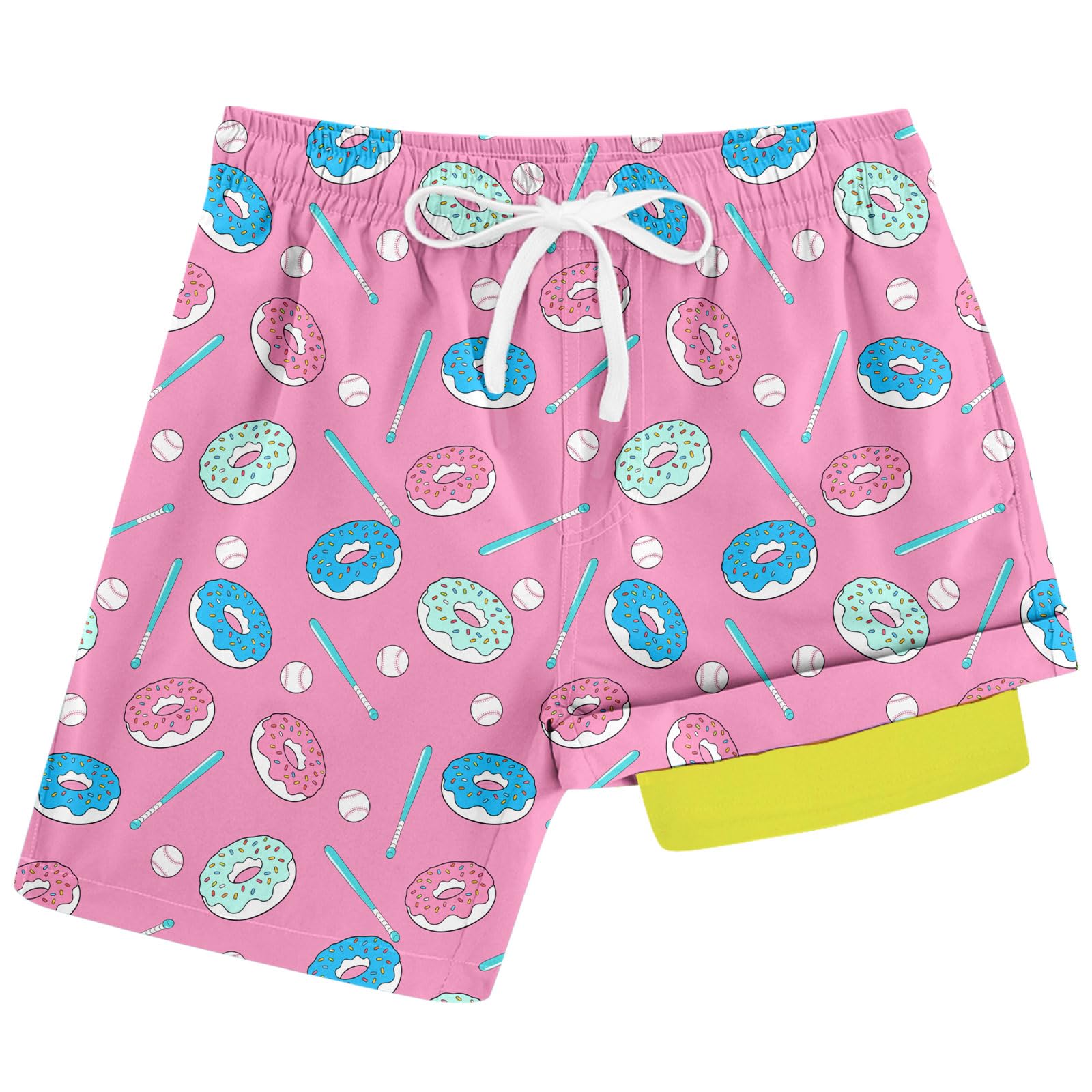 Boys pink donut printed swim shorts with quick dry fabric and comfortable fit for beach days.