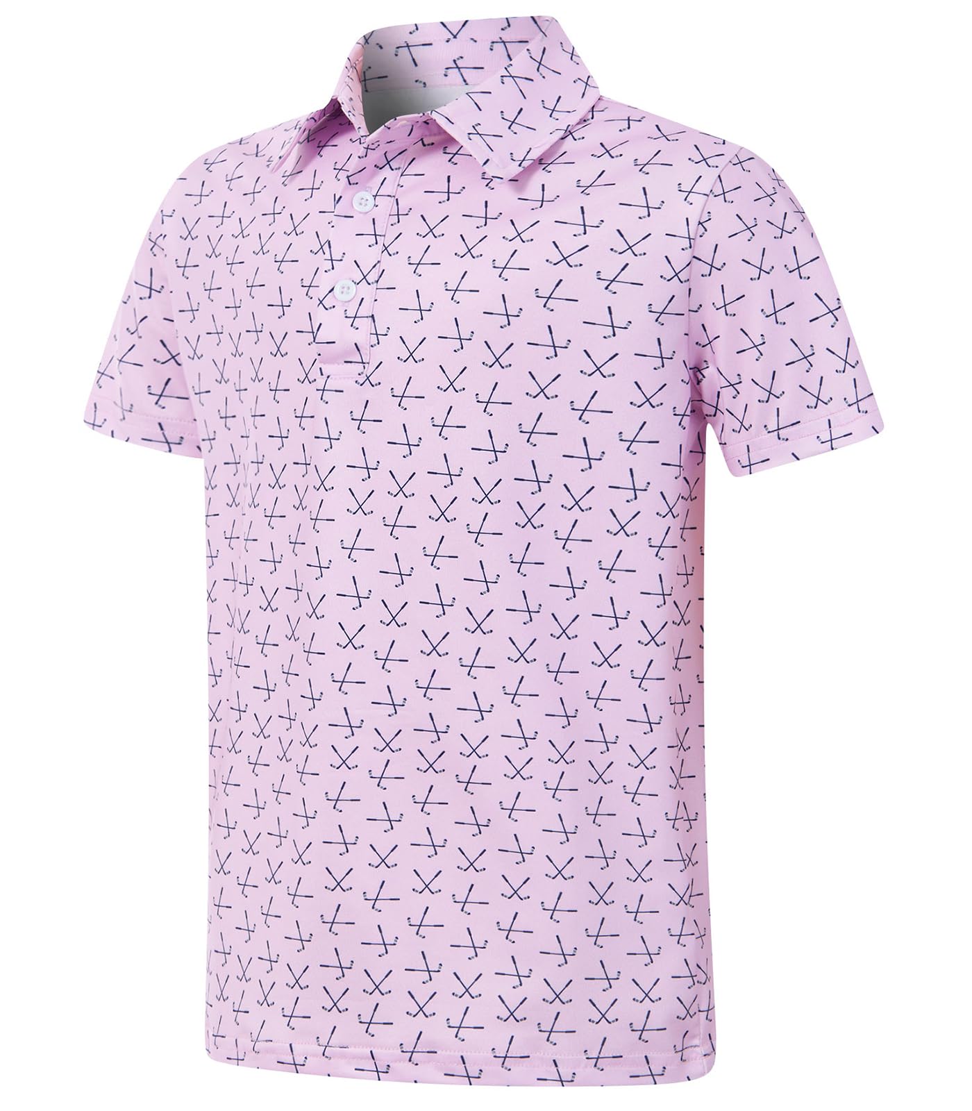Boys pink printed polo shirt with short sleeves, classic collar and small all-over pattern for casual everyday outfits.