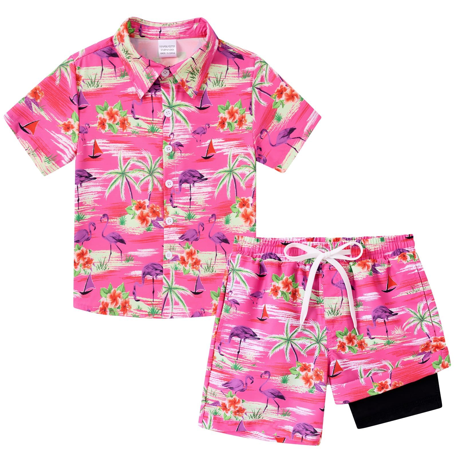 Boys Pink Tropical Hawaiian shirt and matching swim shorts with bright summer pattern, comfortable outfit for vacations.