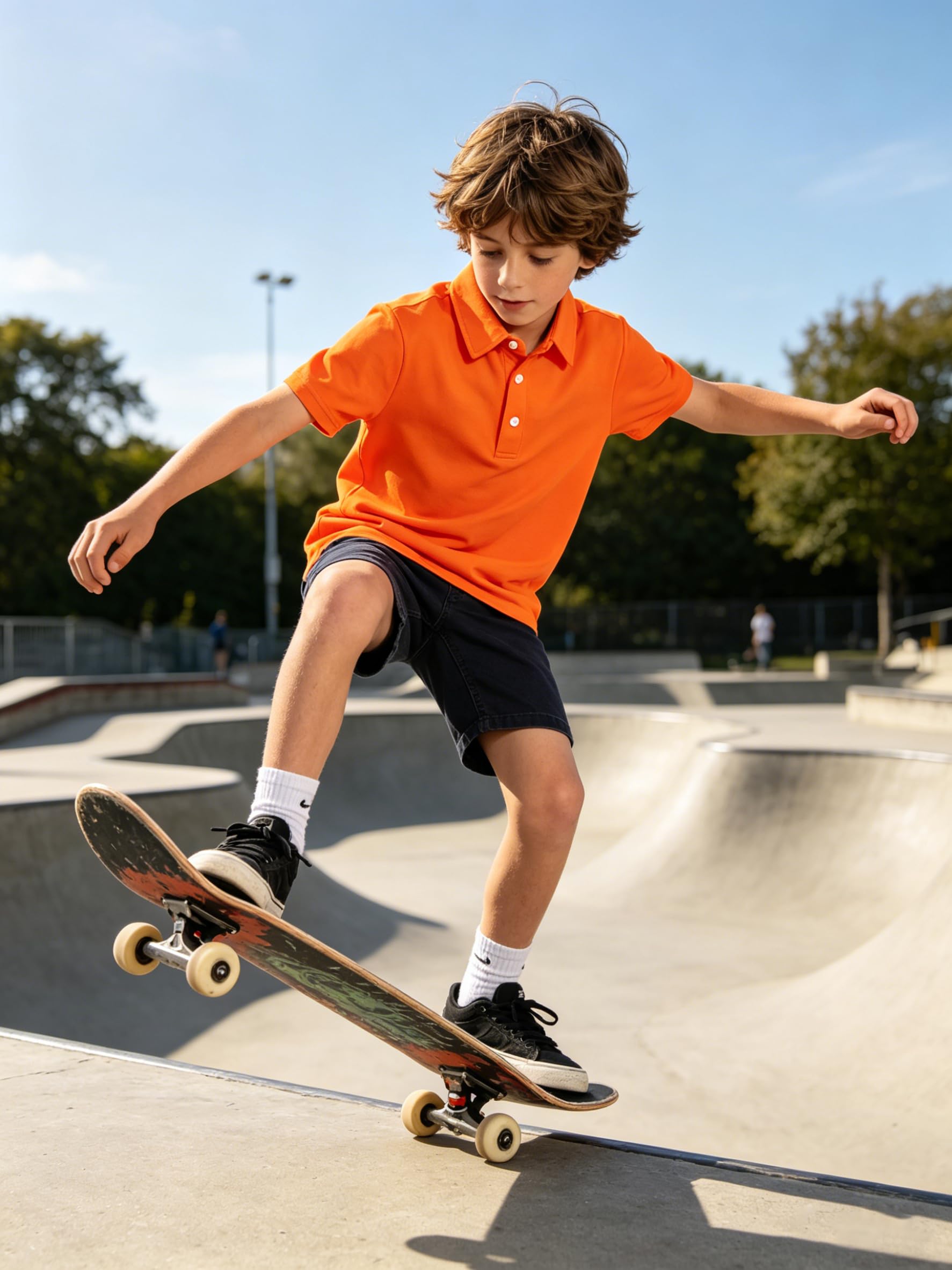 Boy wearing a short sleeve polo shirt for outdoor activities, combining sporty comfort with casual style.