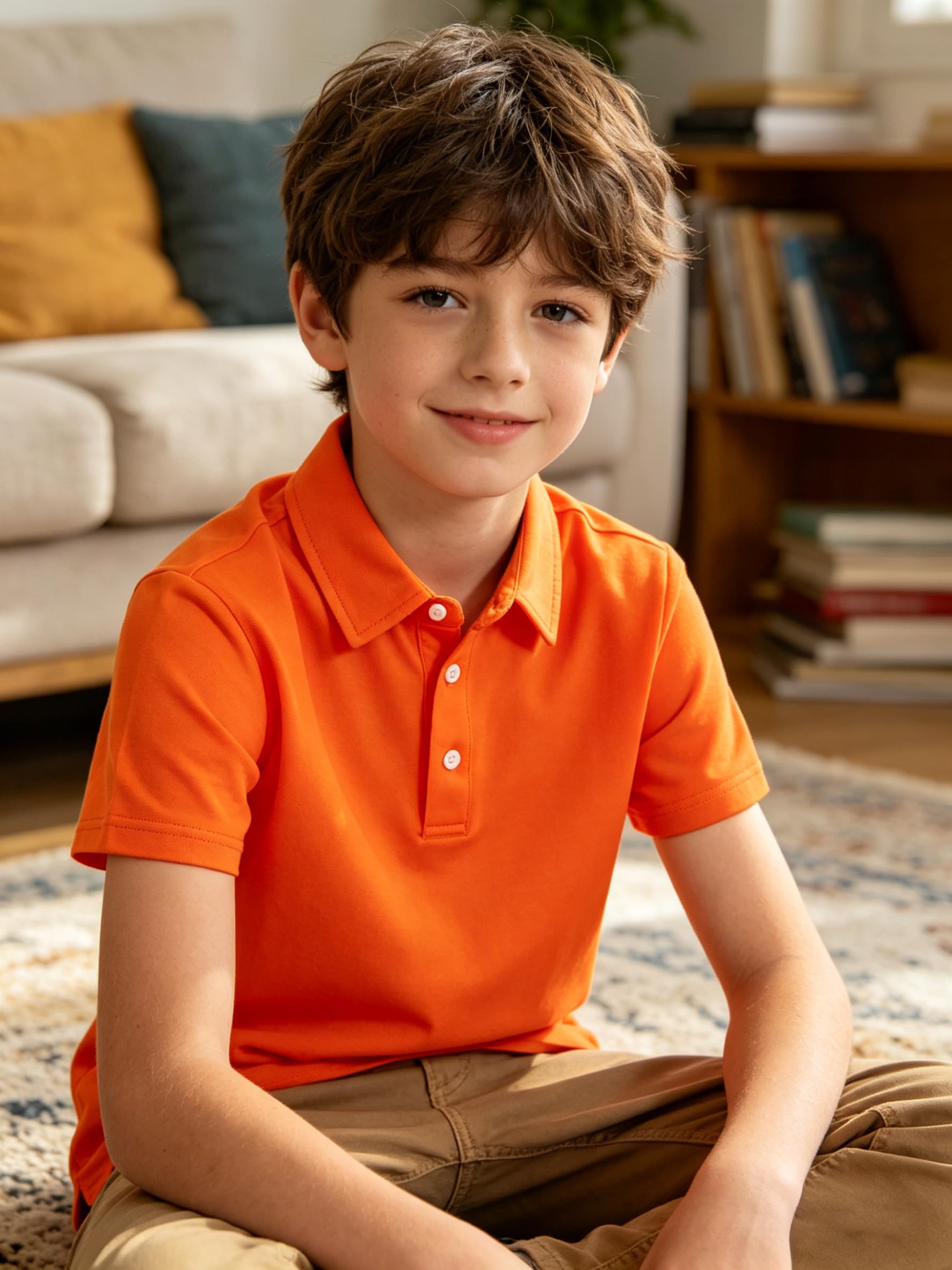 Boys short sleeve polo shirt with classic collar and button placket, designed for comfortable everyday outfits.