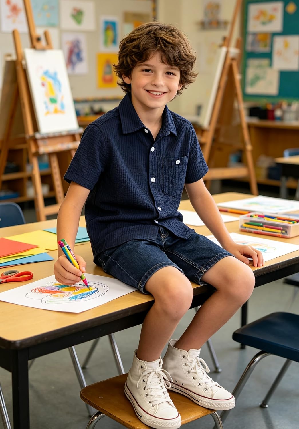 Boy wearing a striped polo shirt while painting, suitable for school and creative activities.