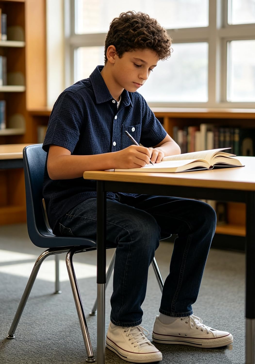Boy studying in a navy striped polo shirt with a comfortable smart casual fit.