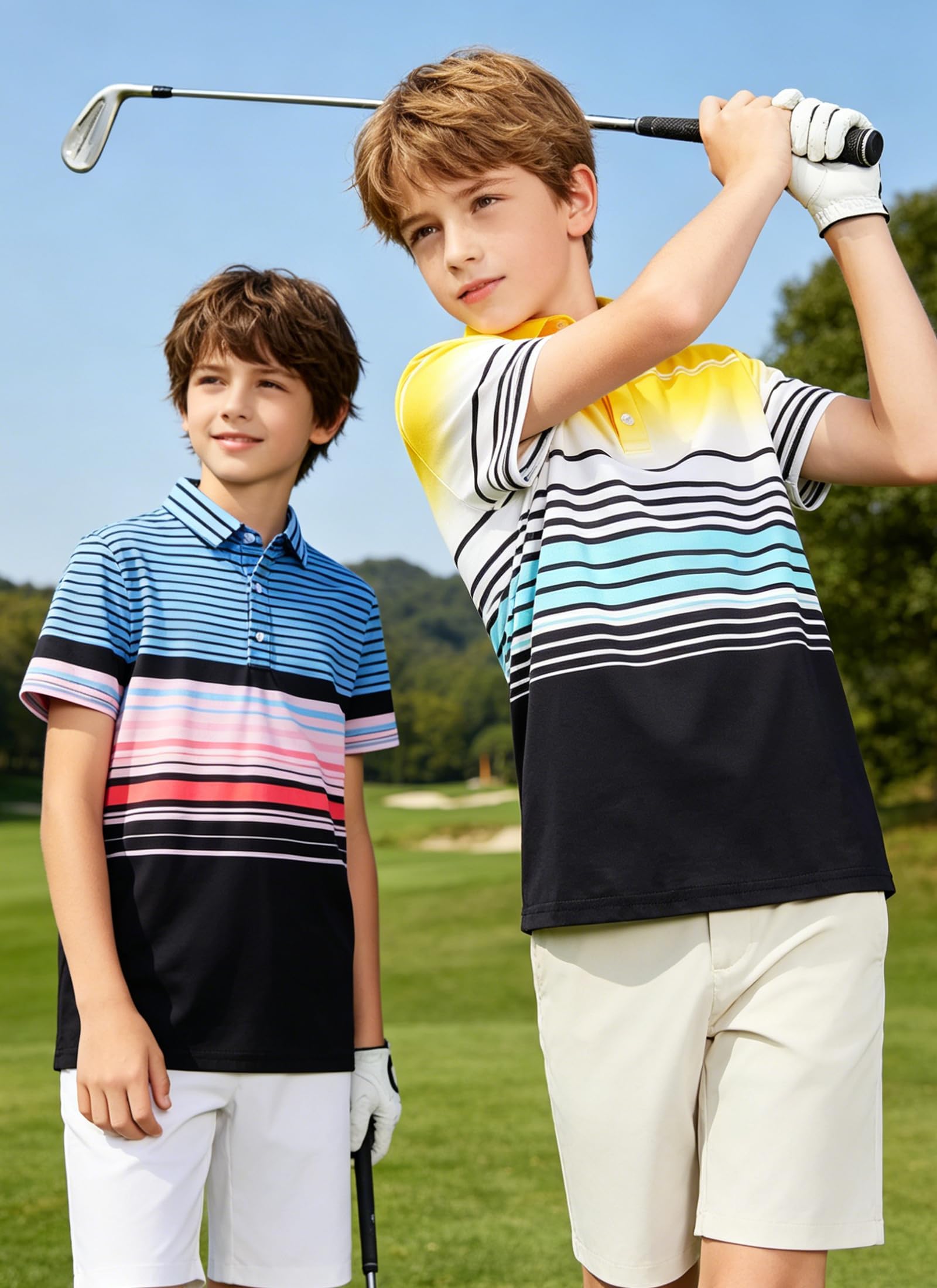 Boys wearing printed polo shirts during outdoor activities, showing comfortable fit and sporty casual style for active kids.