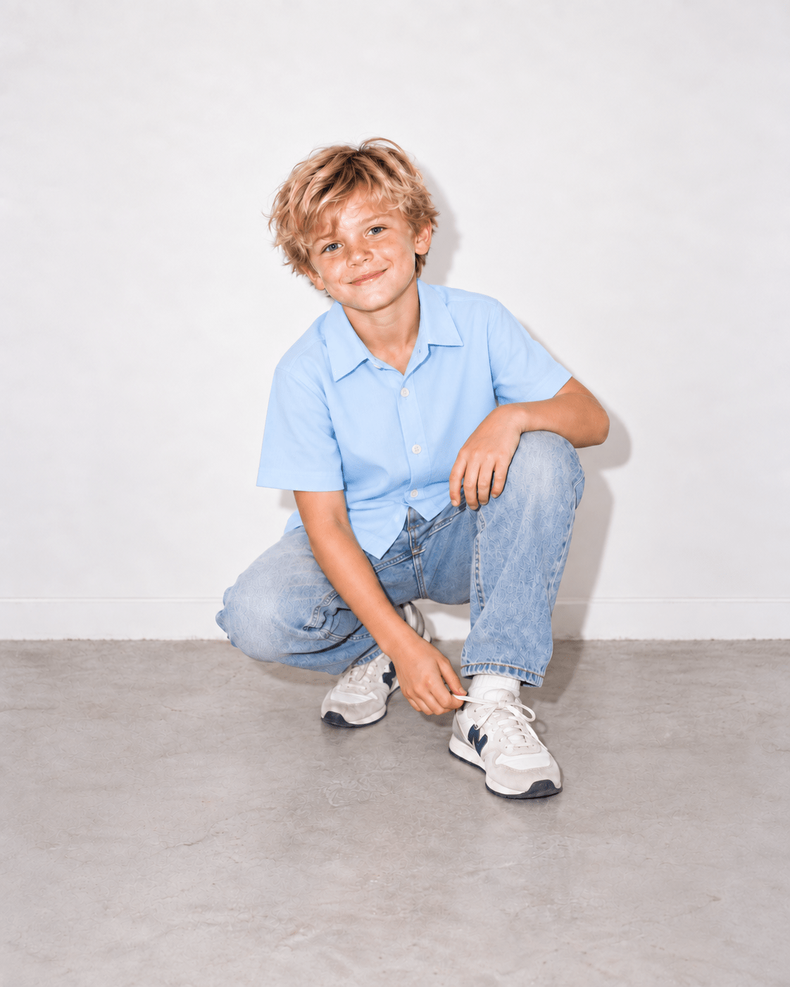 Boy wearing a baby blue stretch button-up shirt in a casual low sitting pose, showing comfortable movement and lightweight short sleeve fit.