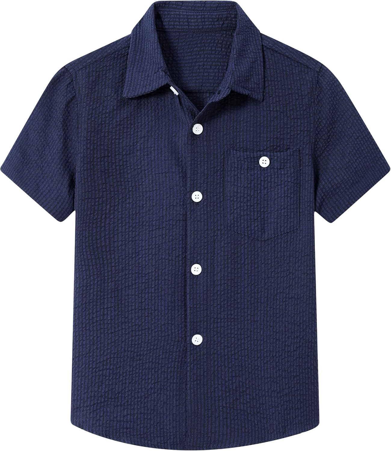 Navy blue boys striped polo shirt with short sleeves, button front and classic resort style.