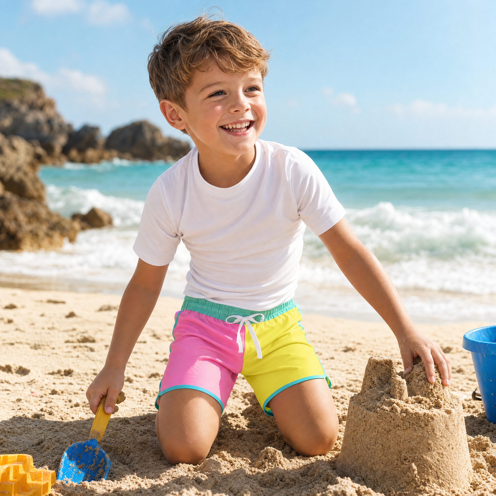 Junge trägt bunte Badeshorts beim Spielen am Strand, leichte Kinderbadebekleidung, perfekt für Sommerferien und Outdoor-Aktivitäten.