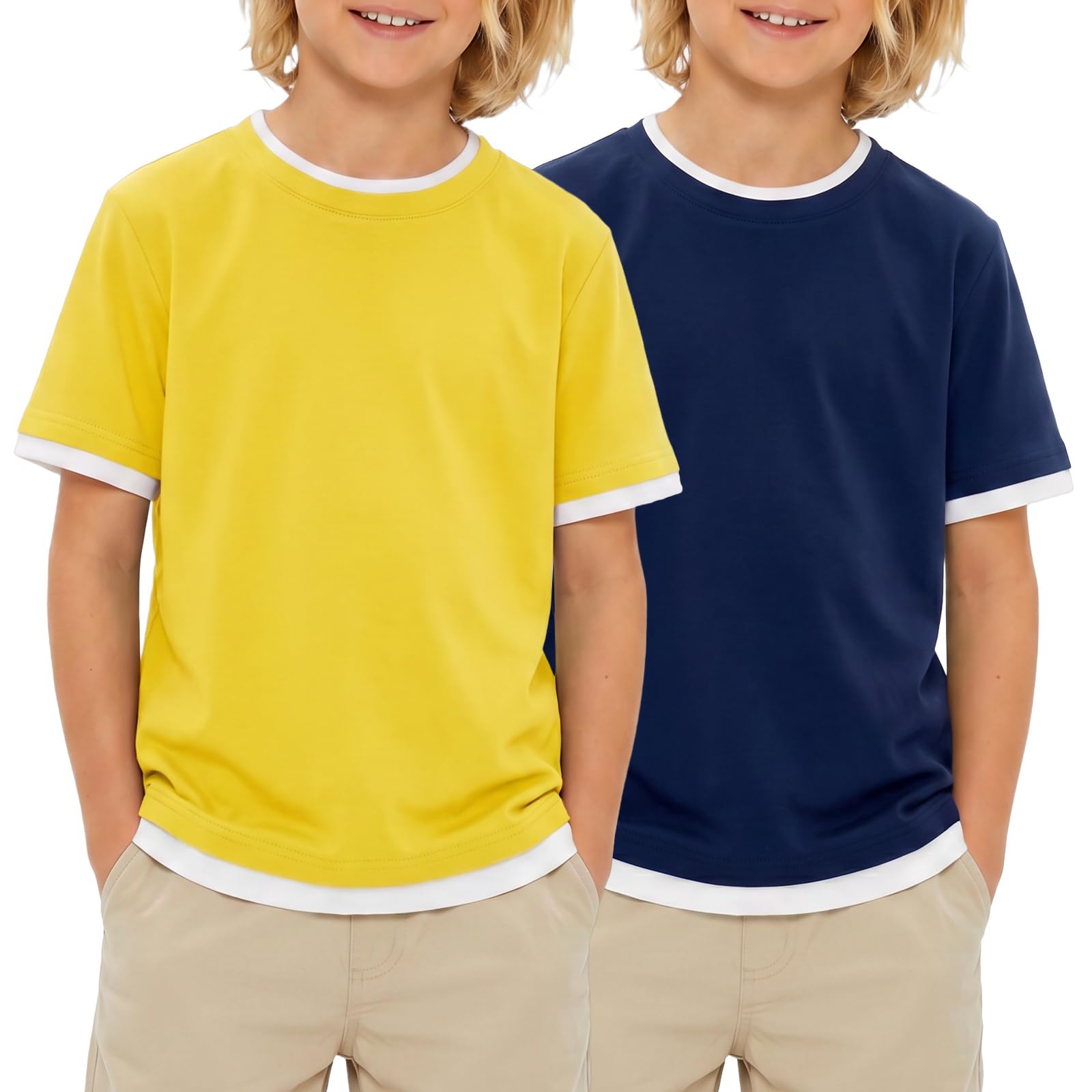 Boys yellow and navy color block short sleeve T shirt set, bright casual summer tops for kids.