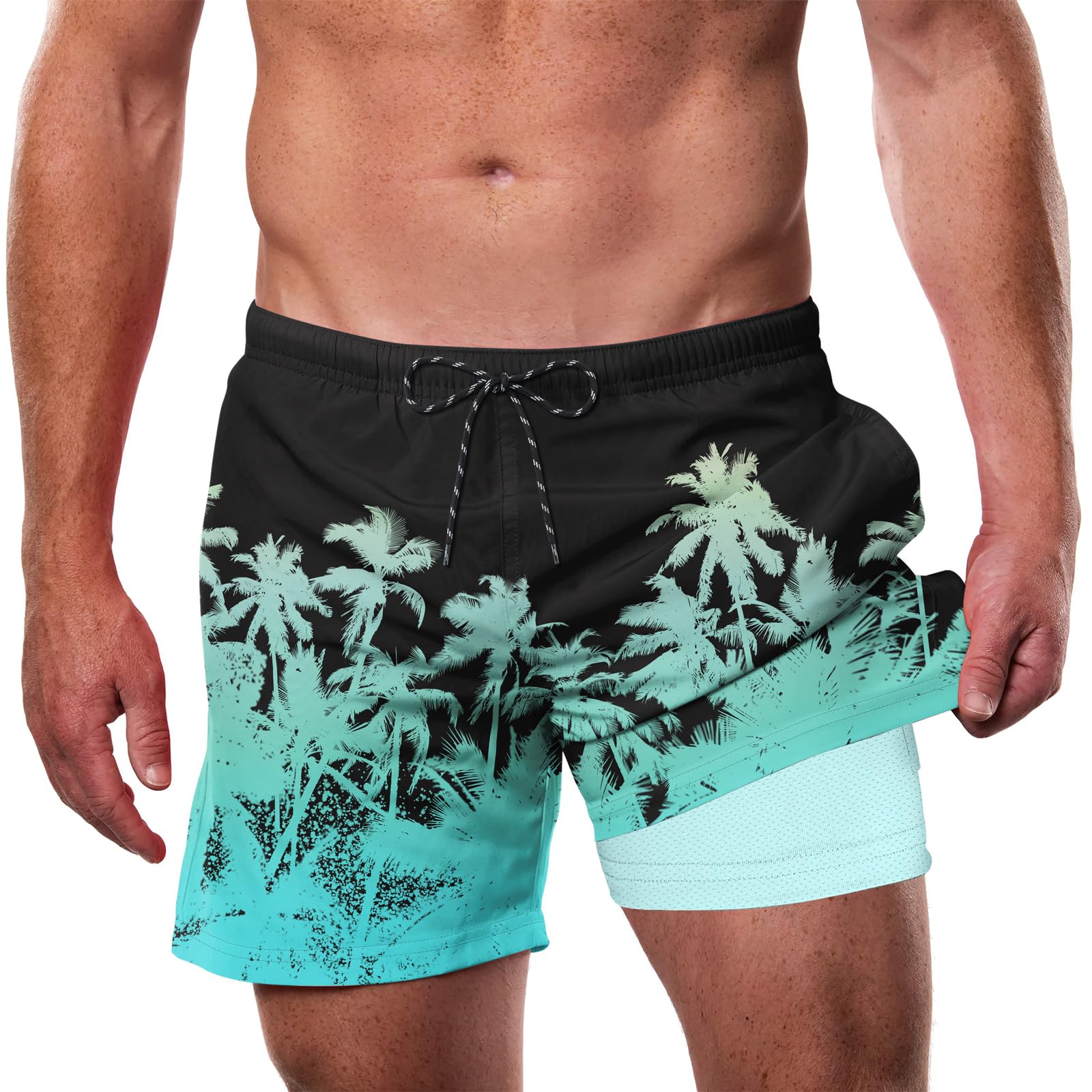 Men's color changing tree swim trunks with tropical gradient palm tree design
