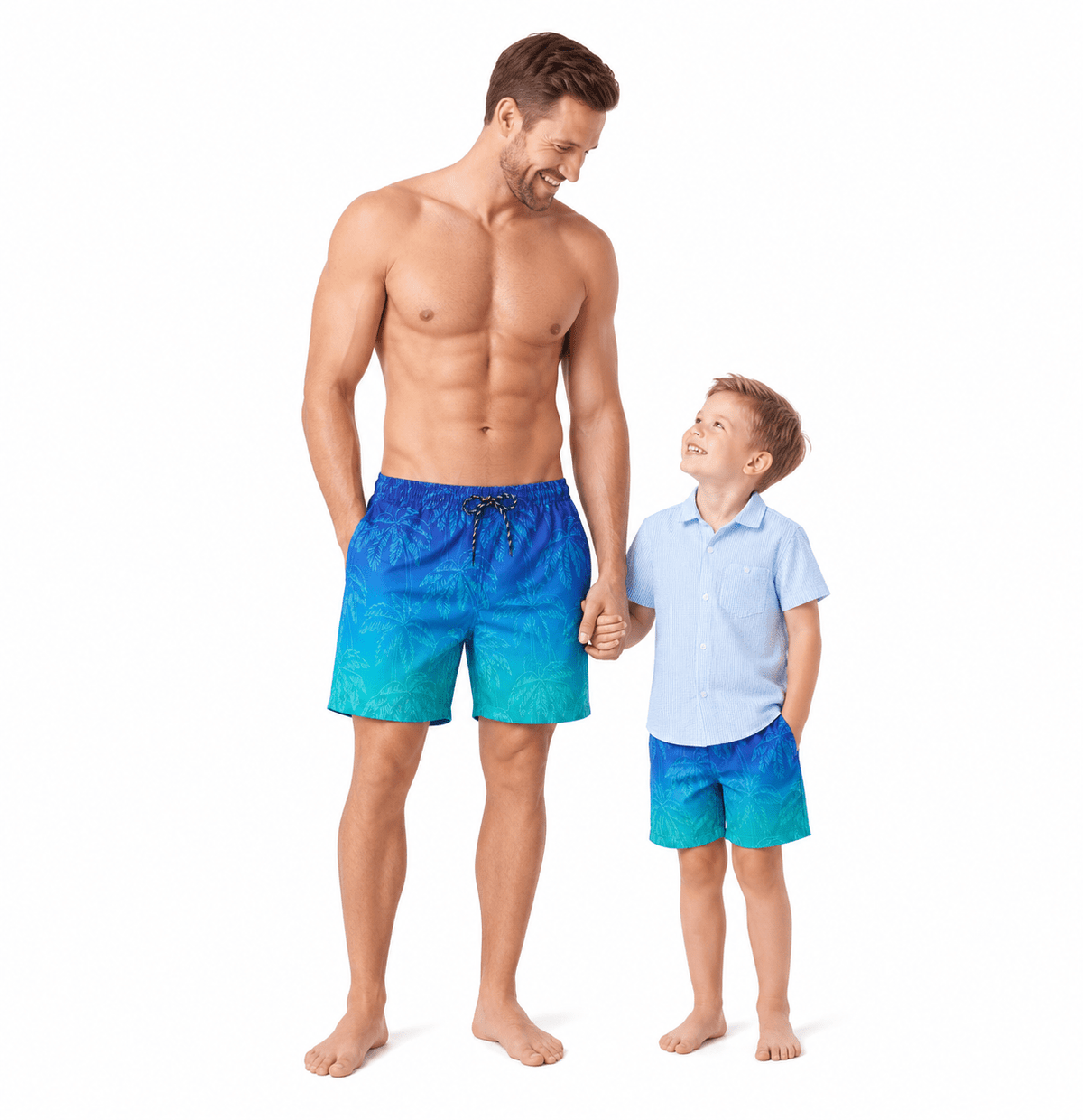 Father and son wearing matching swim trunks with quick dry fabric, perfect family beachwear for summer vacations and pool days.