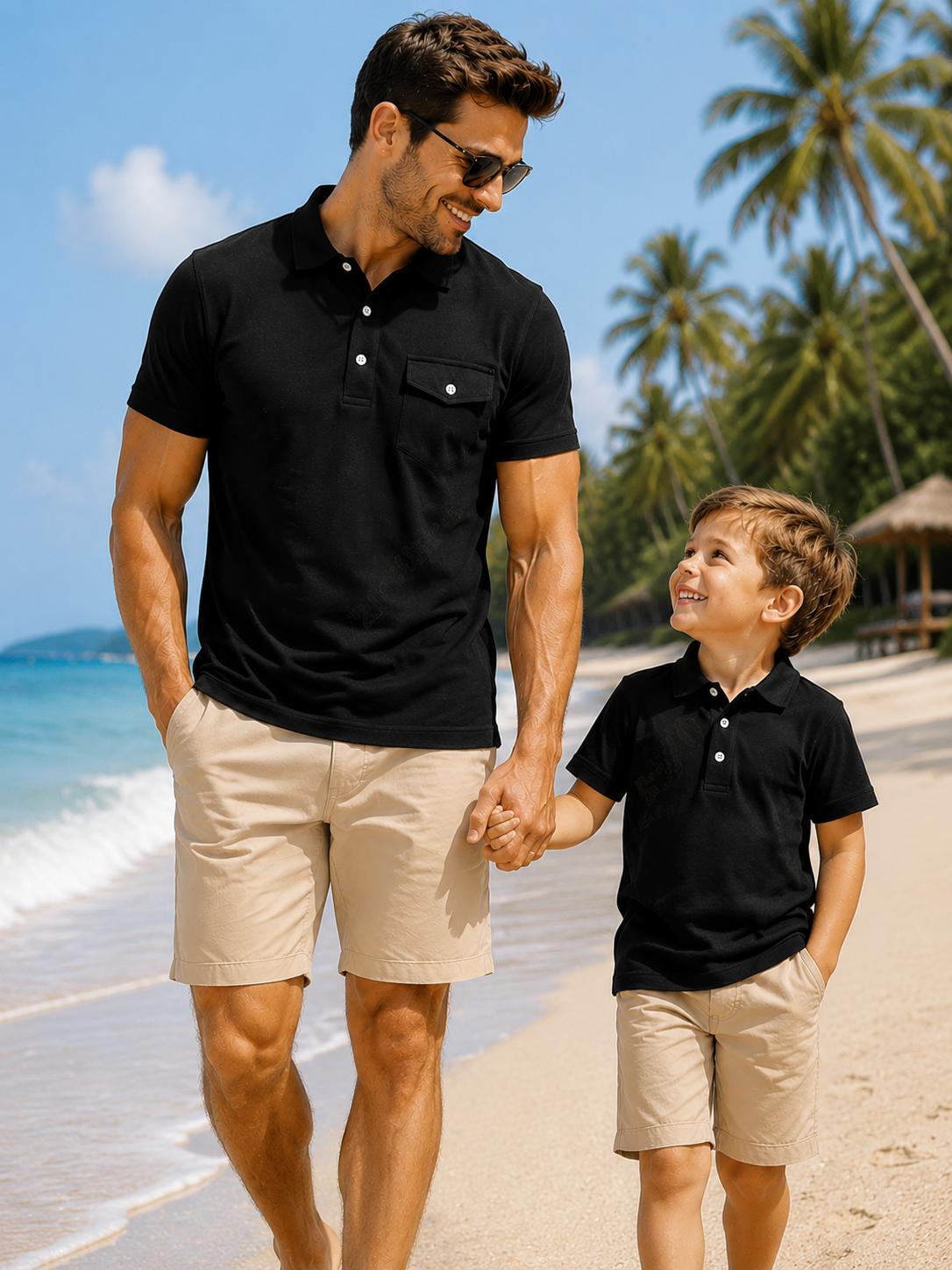 Father and son wearing matching black polo shirts together, stylish family outfit for outdoor activities and casual events.