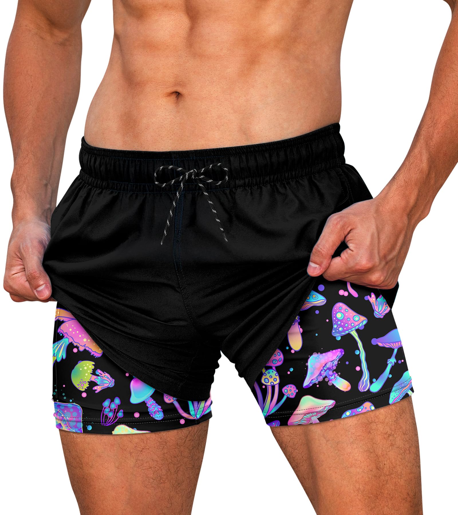 Men's fluorescent mushroom pattern swim shorts with colorful design