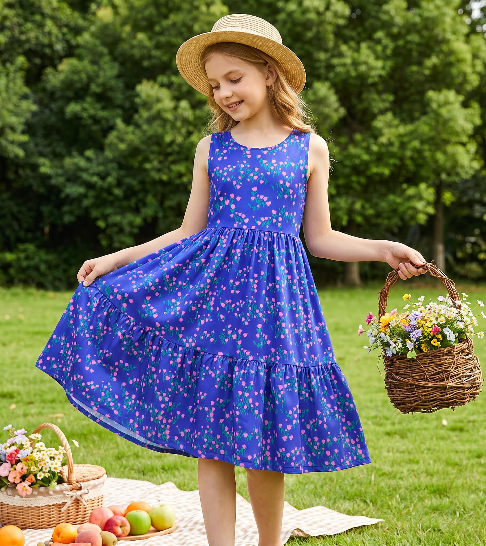 Girl wearing a navy floral rainbow strap sundress outdoors, stylish summer outfit for kids with a comfortable flowing design.