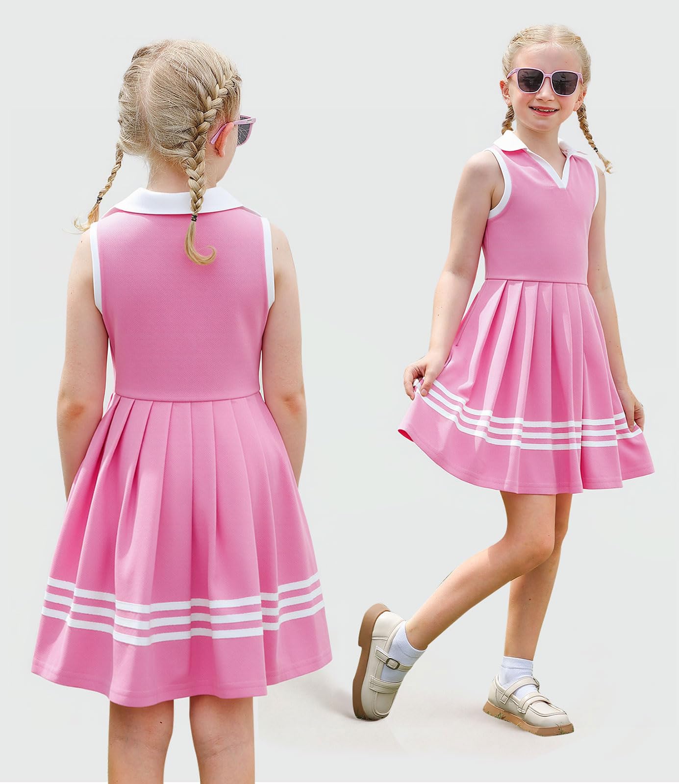 Back view of girls A-line polo dress showing the relaxed silhouette and clean color block design.