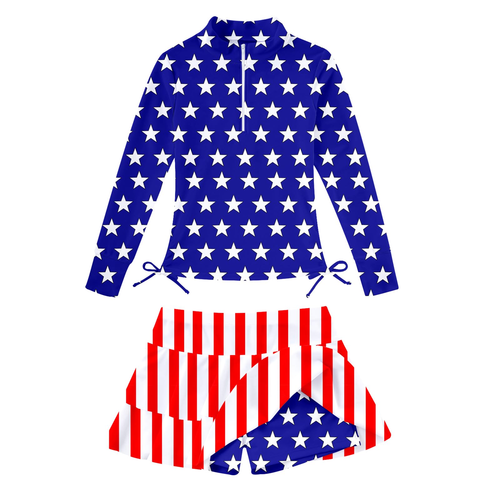 Girls patriotic American flag print long sleeve rash guard swimsuit with skirt bottom, perfect kids swimwear for beach and pool days.
