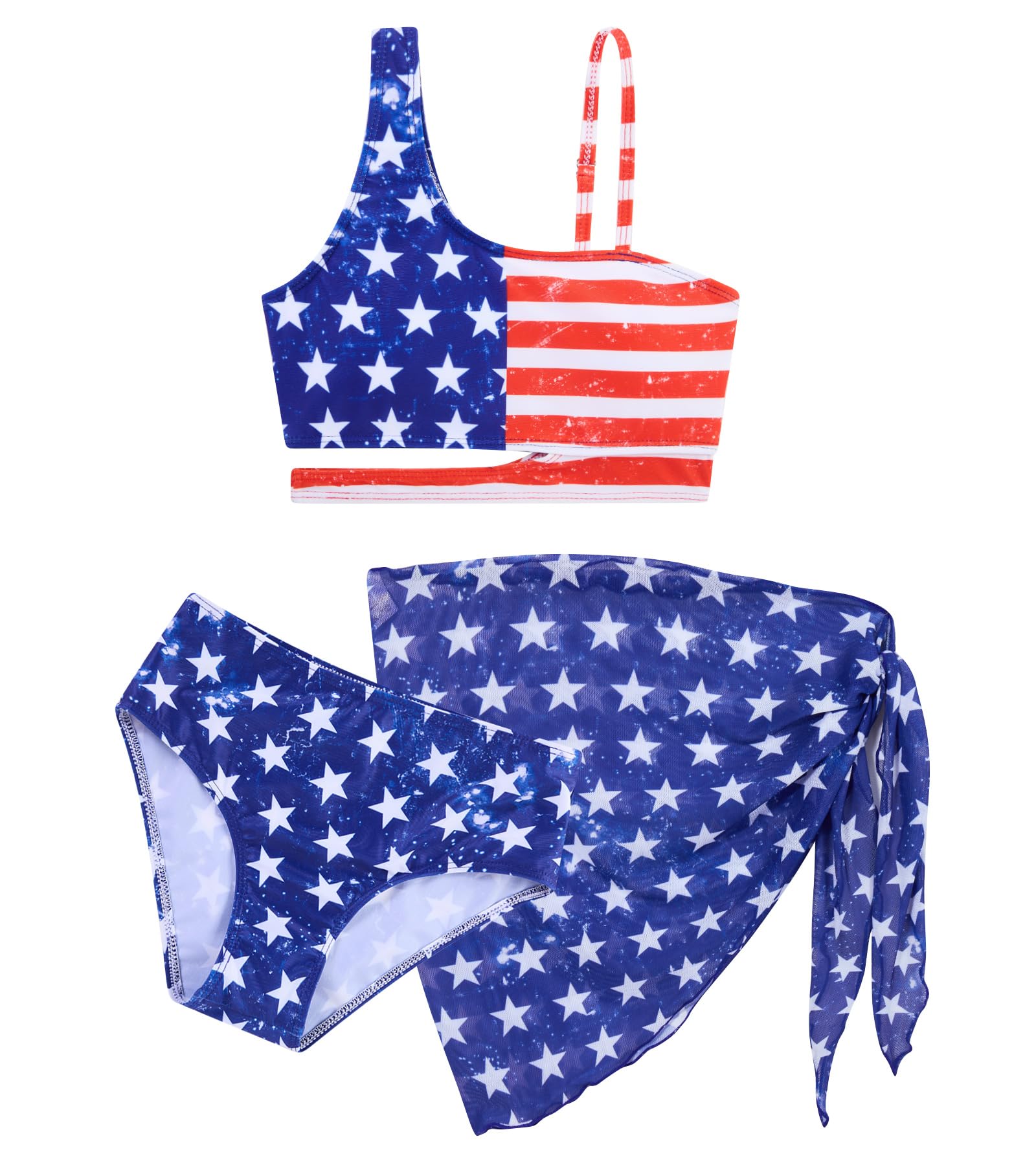 Girls American Flag three piece swimsuit featuring patriotic print design with matching skirt for summer celebrations.
