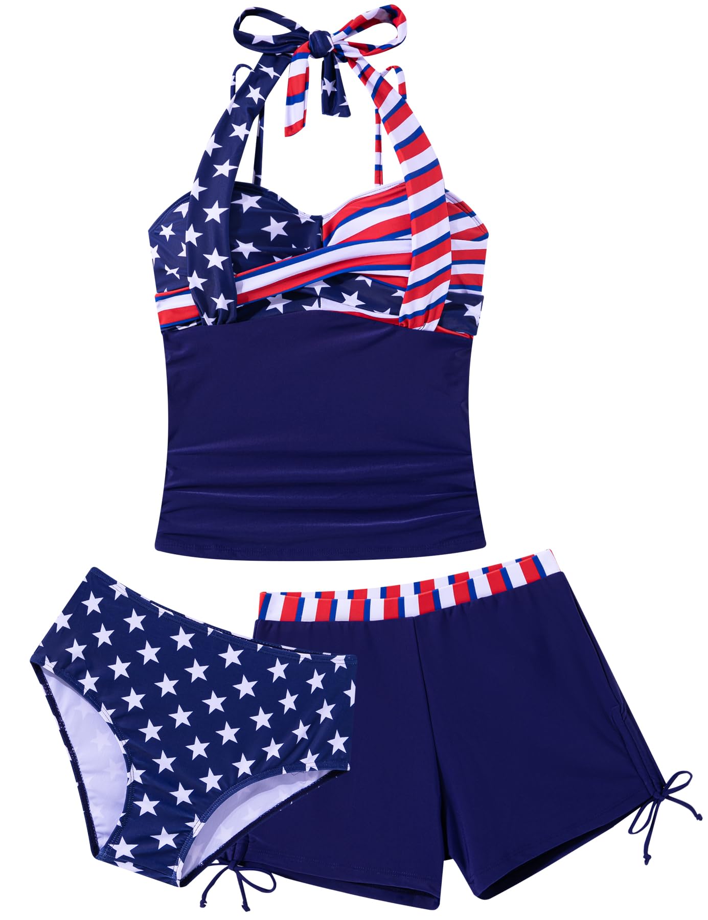 Girls patriotic flag print tankini swimsuit set with shorts