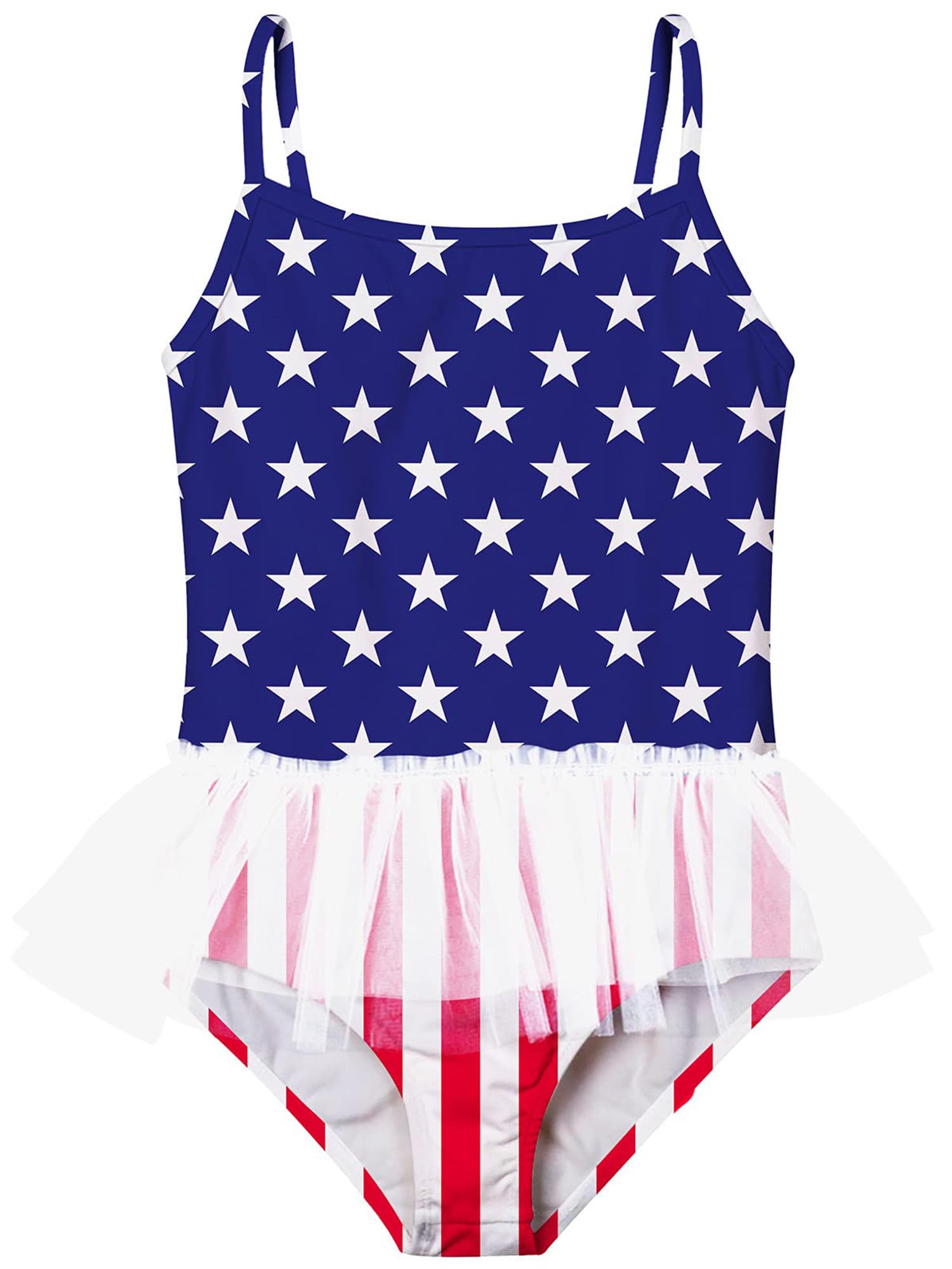 Girls American flag one piece tutu swimsuit with mesh skirt, adjustable straps and patriotic print design for summer swimming.