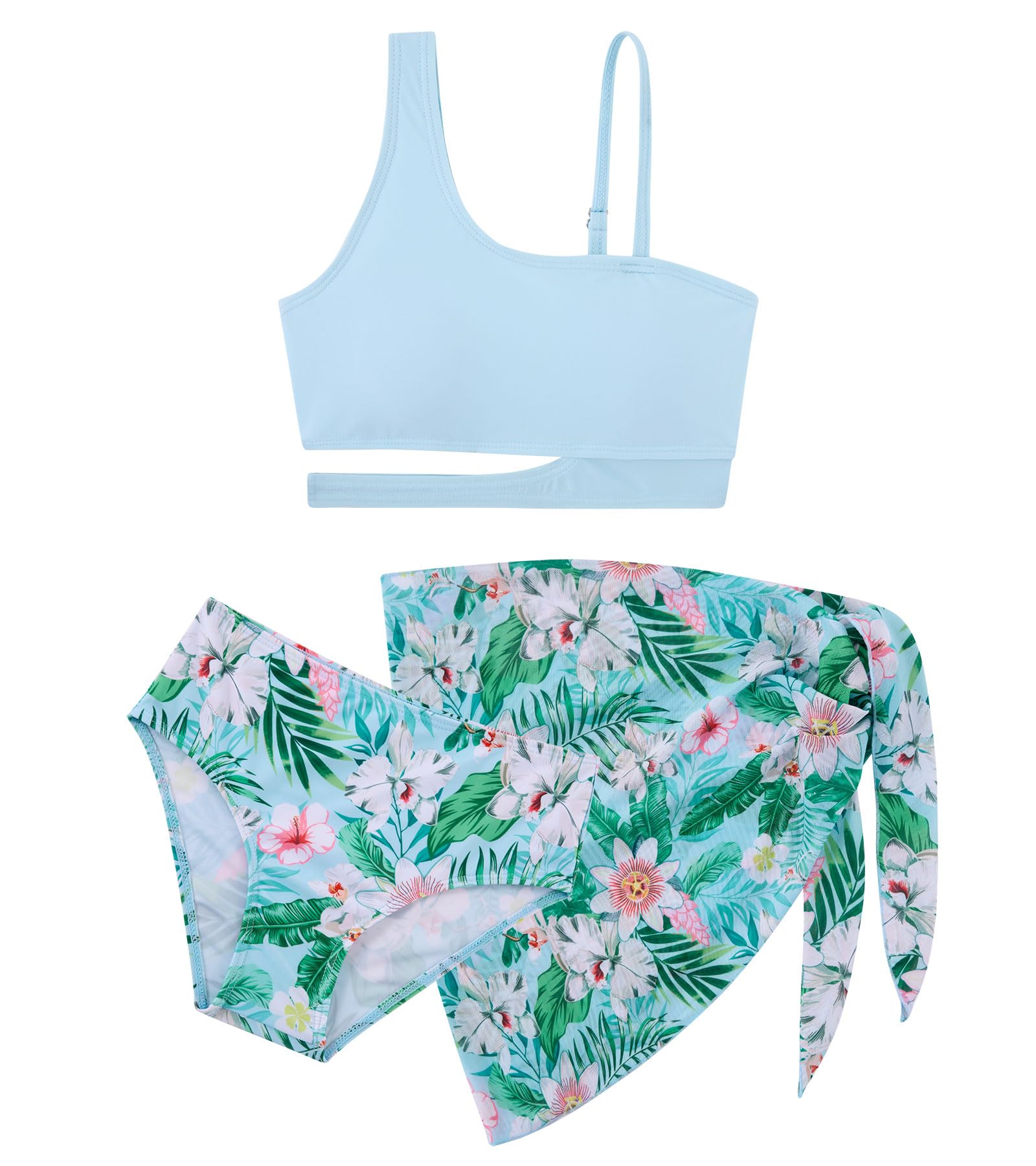 Girls Aqua Palm three piece swimsuit with tropical leaf print design and lightweight matching skirt.