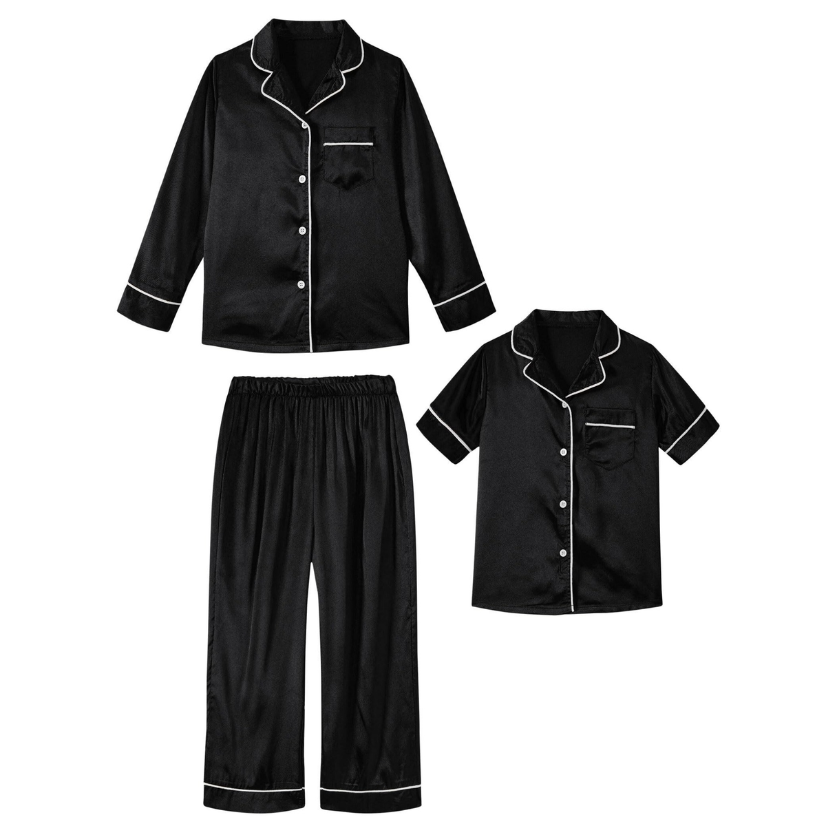 Girls black collared pajama set featuring a long sleeve button front top and matching pants with a classic sleepwear design.