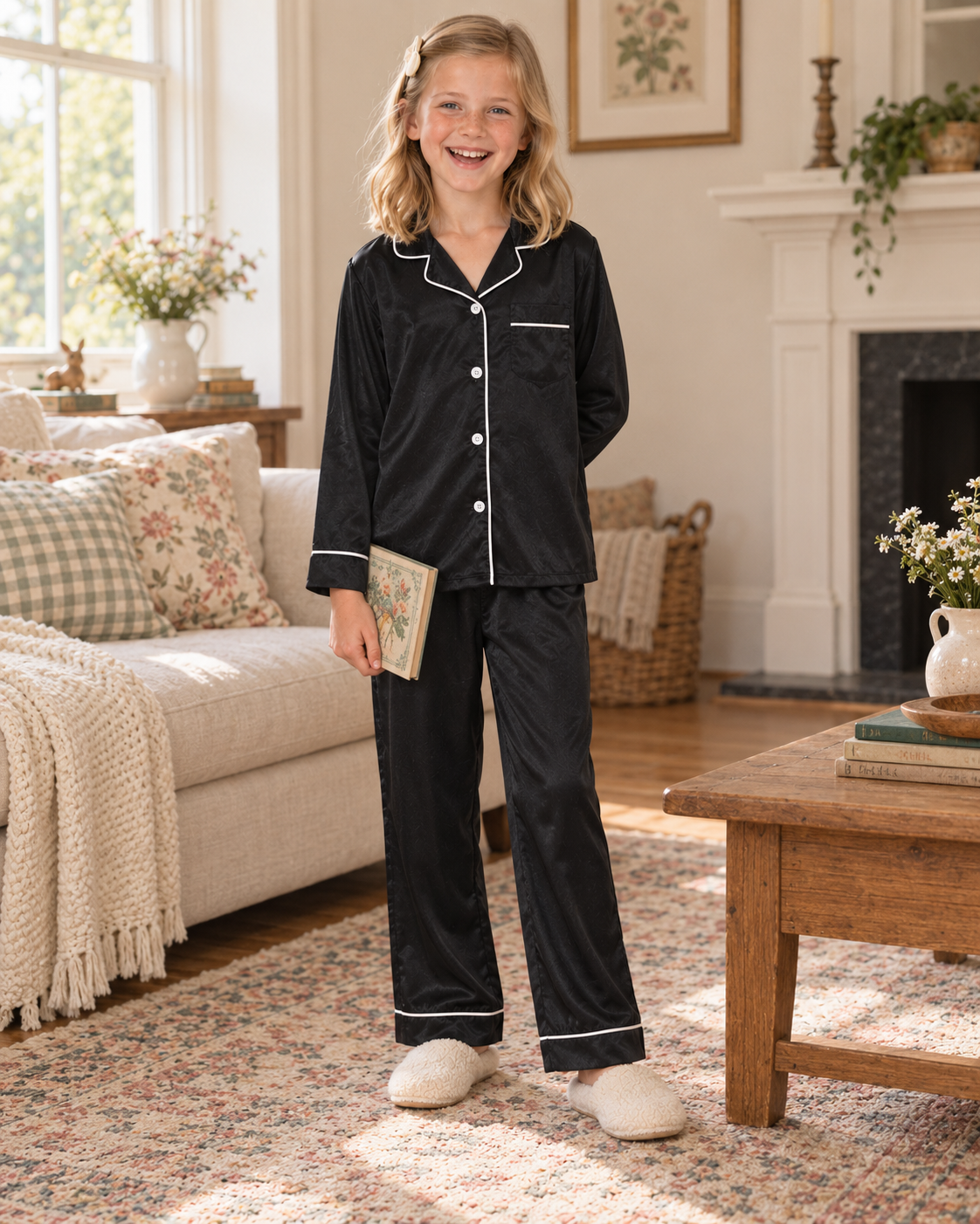 Girl wearing a black collared pajama set in a cozy indoor setting, showing the classic sleepwear style and comfortable fit.