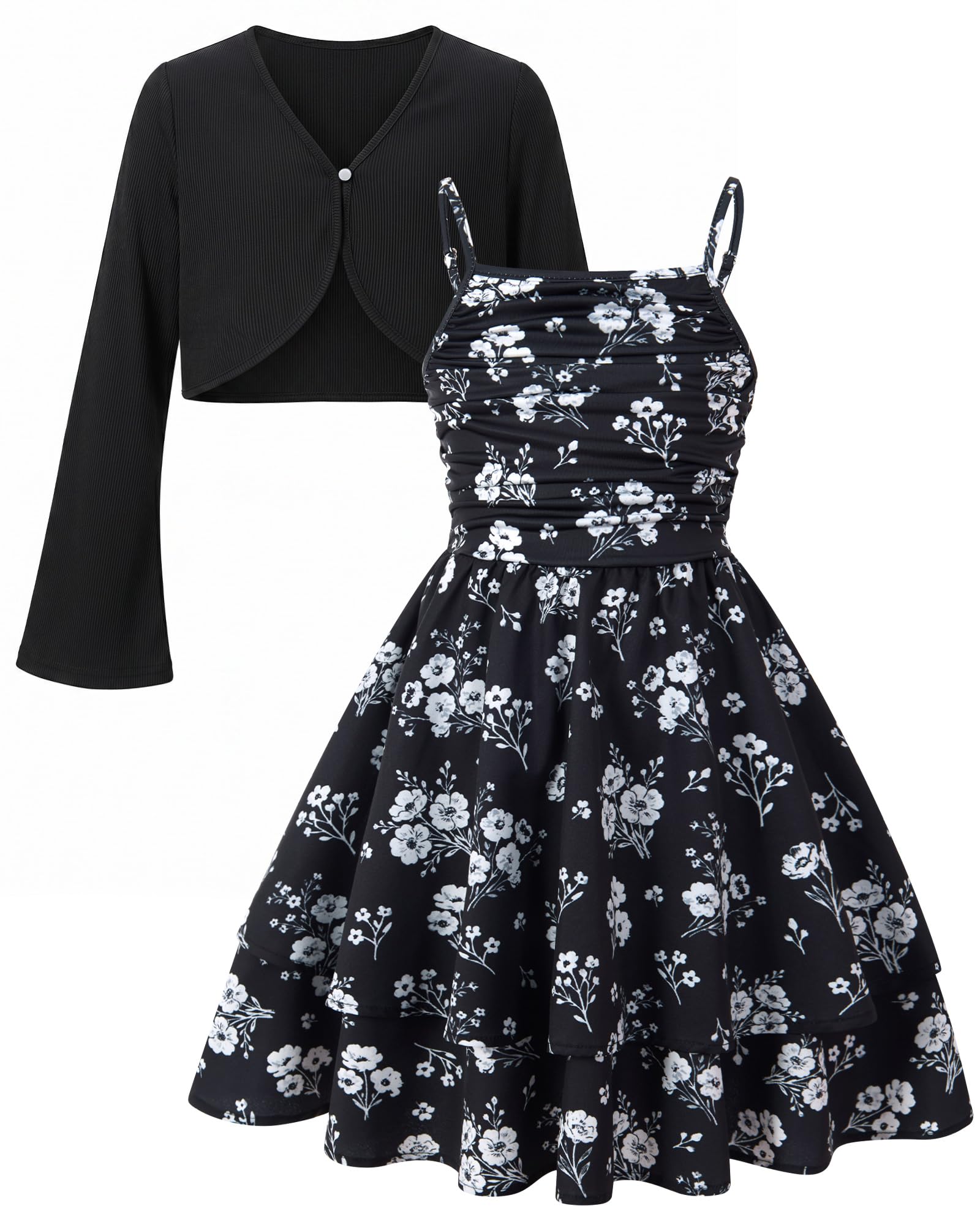 Girls Black Floral dress and cardigan featuring an elegant floral print.