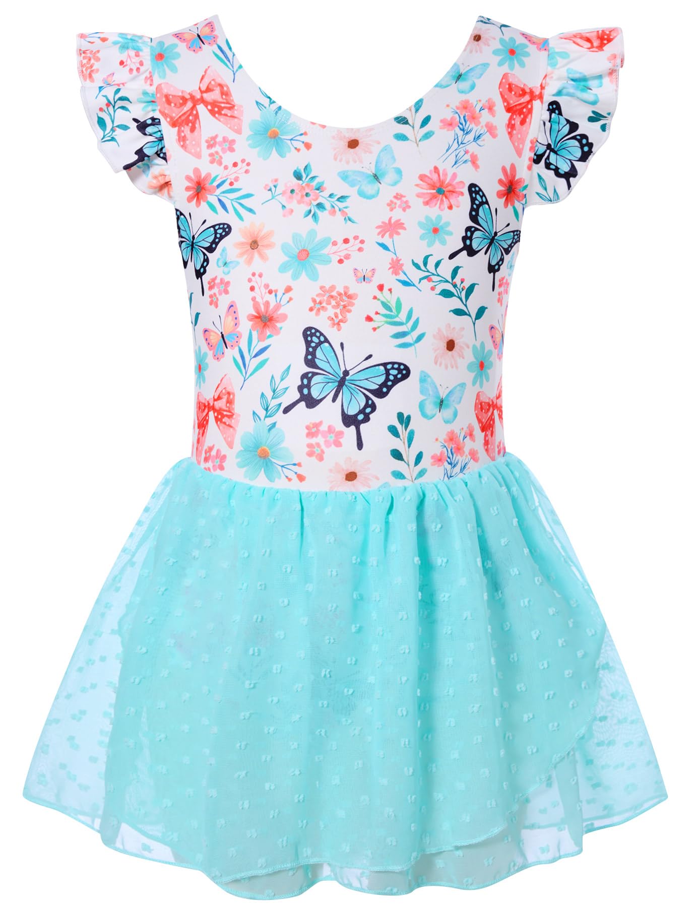 Girls blue butterfly ballet dress with flutter sleeves and layered skirt, comfortable outfit for dance classes and performances.