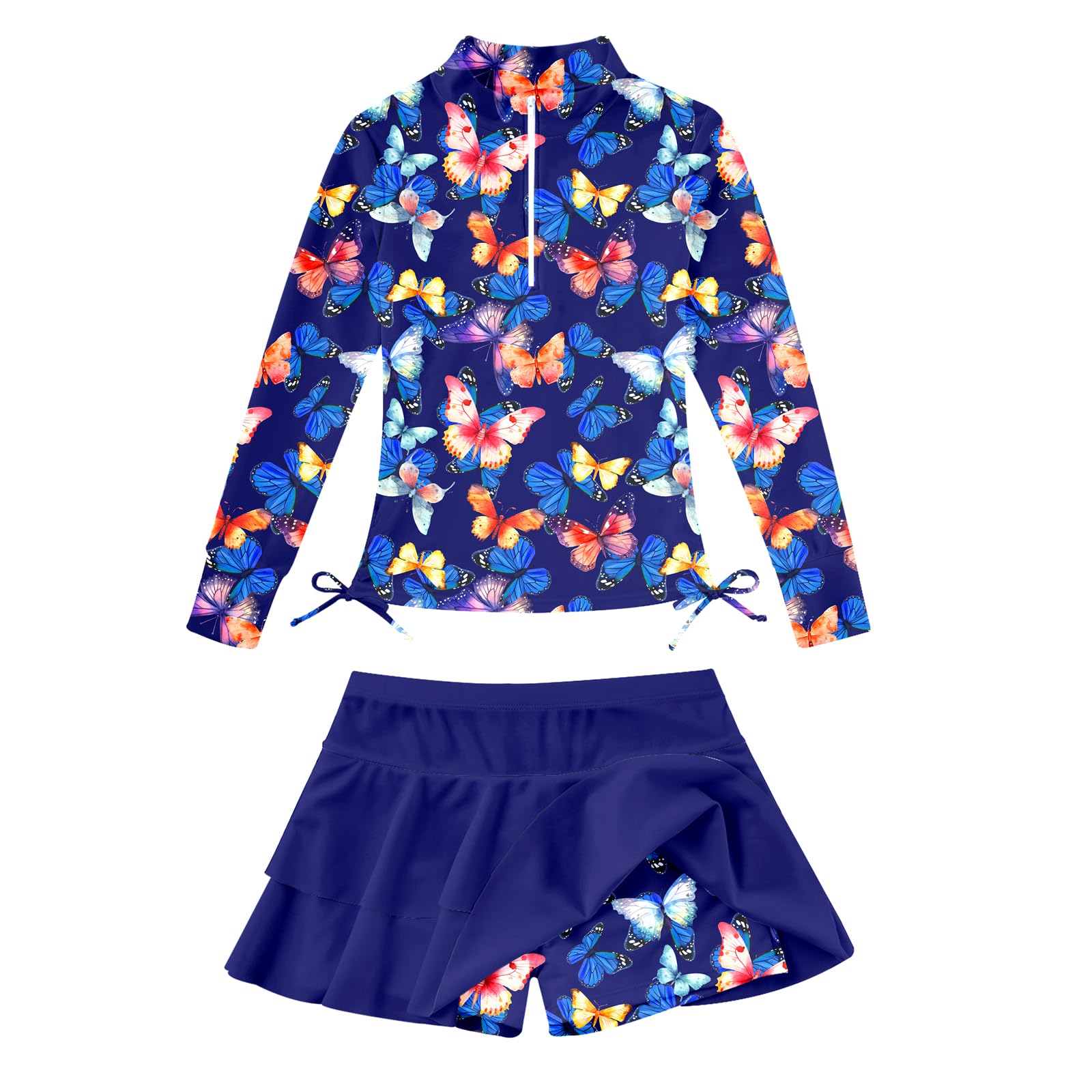 Girls deep blue butterfly printed rash guard swimsuit set with skirt, fashionable kids swimwear for vacations and outdoor swimming.
