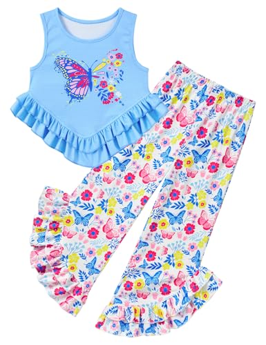 Girls blue butterfly print ruffle tank top and pants set with comfortable fit, cute summer outfit for travel, play and daily wear.
