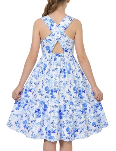 Girls blue floral rainbow strap sundress with colorful print, comfortable summer dress for everyday wear.