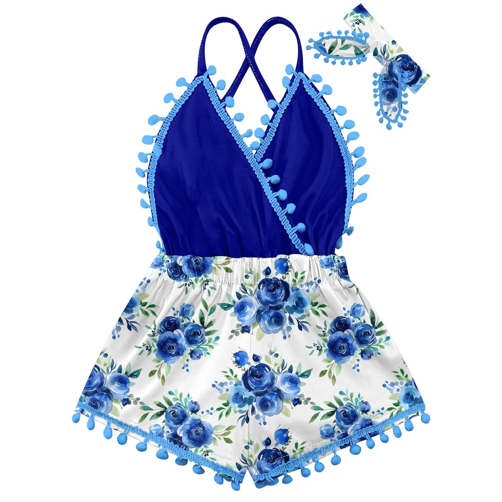 Girls blue flower rainbow strap sundress with floral print skirt, cross straps and pom pom details, cute summer dress for vacations and everyday wear.