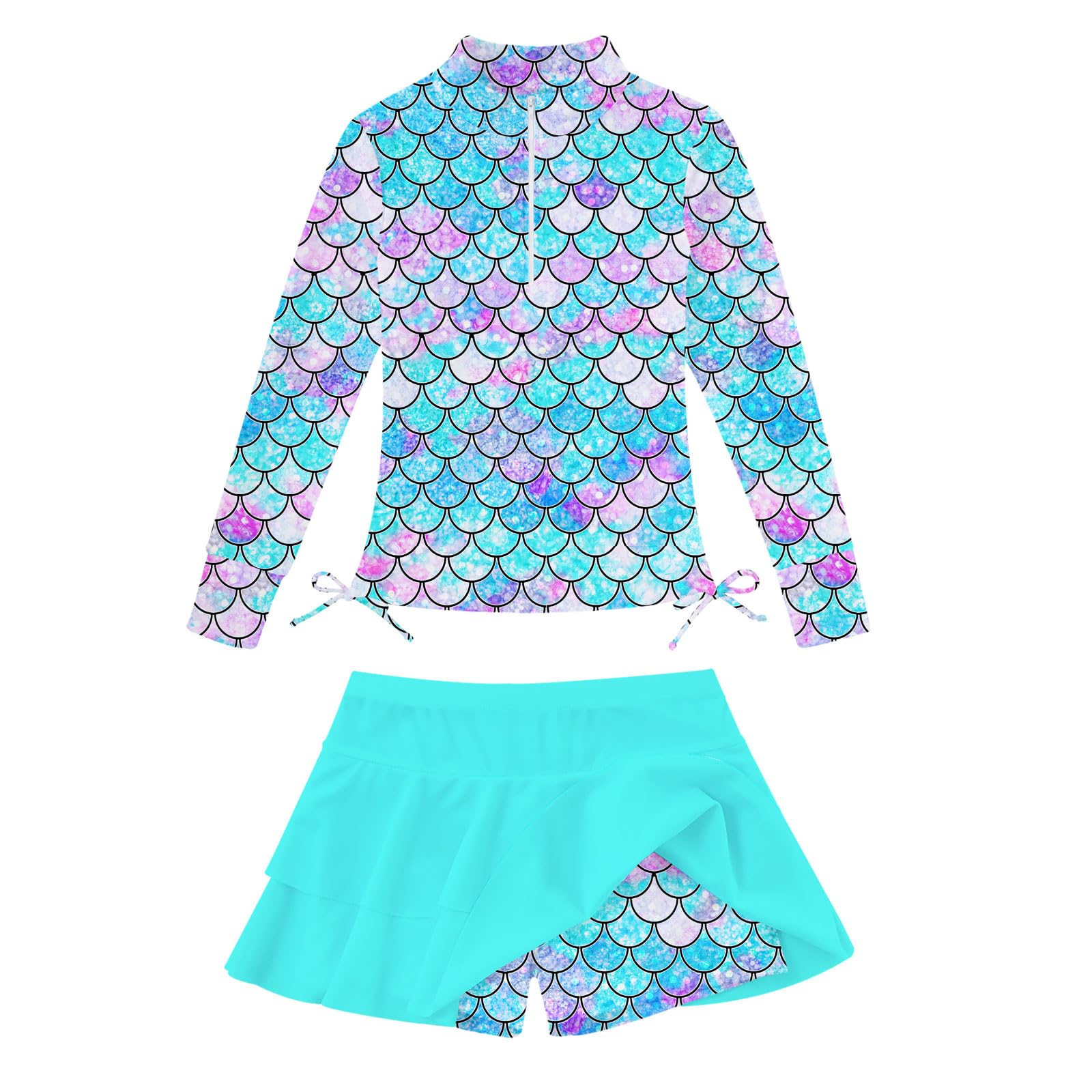 Girls blue mermaid print rash guard swimsuit set with skirt bottom, cute fantasy inspired swimwear for summer vacations.