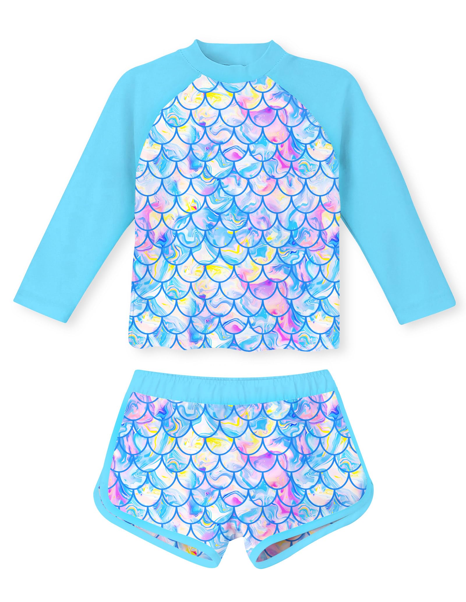 Girls blue mermaid print long sleeve rash guard swimsuit with matching shorts, playful beachwear for kids swimming.