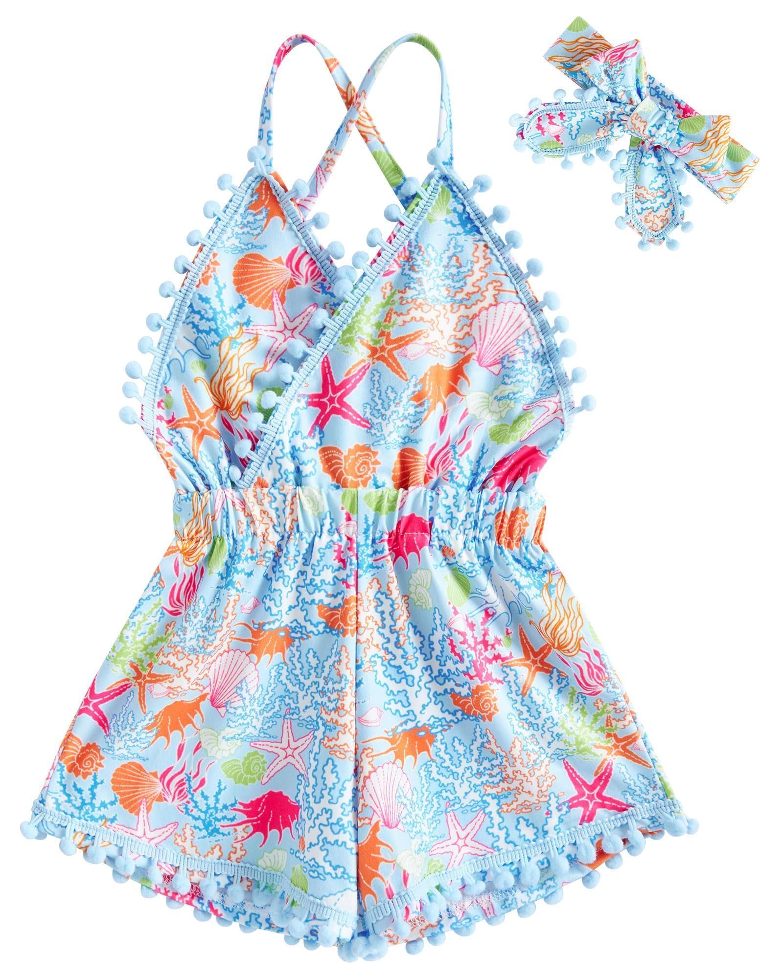 Girls blue ocean cotton blend romper dress with matching headband, cute summer outfit for toddlers and little girls.