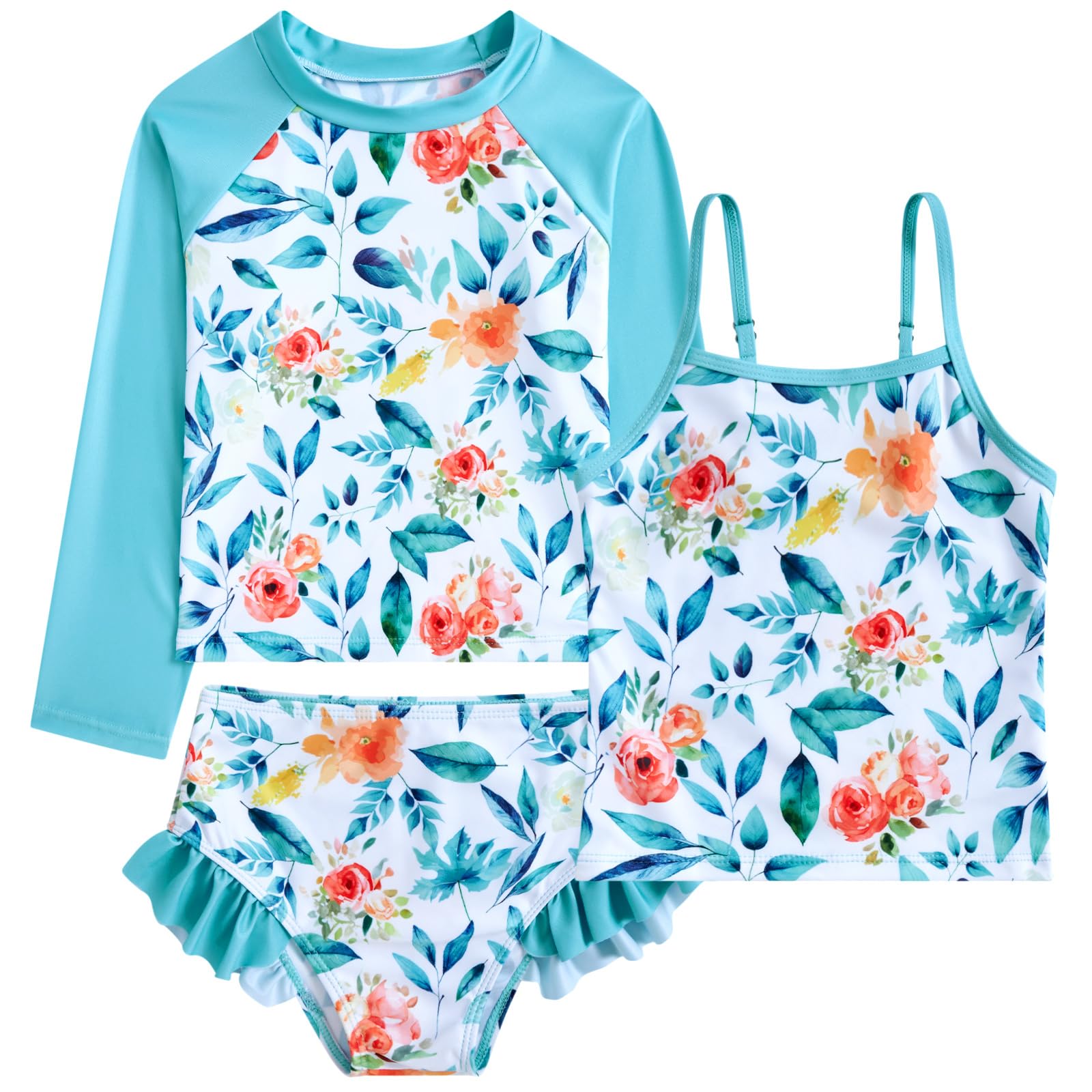 Girls blue pattern three piece swim set featuring long sleeve rash guard, tankini top and ruffle shorts.
