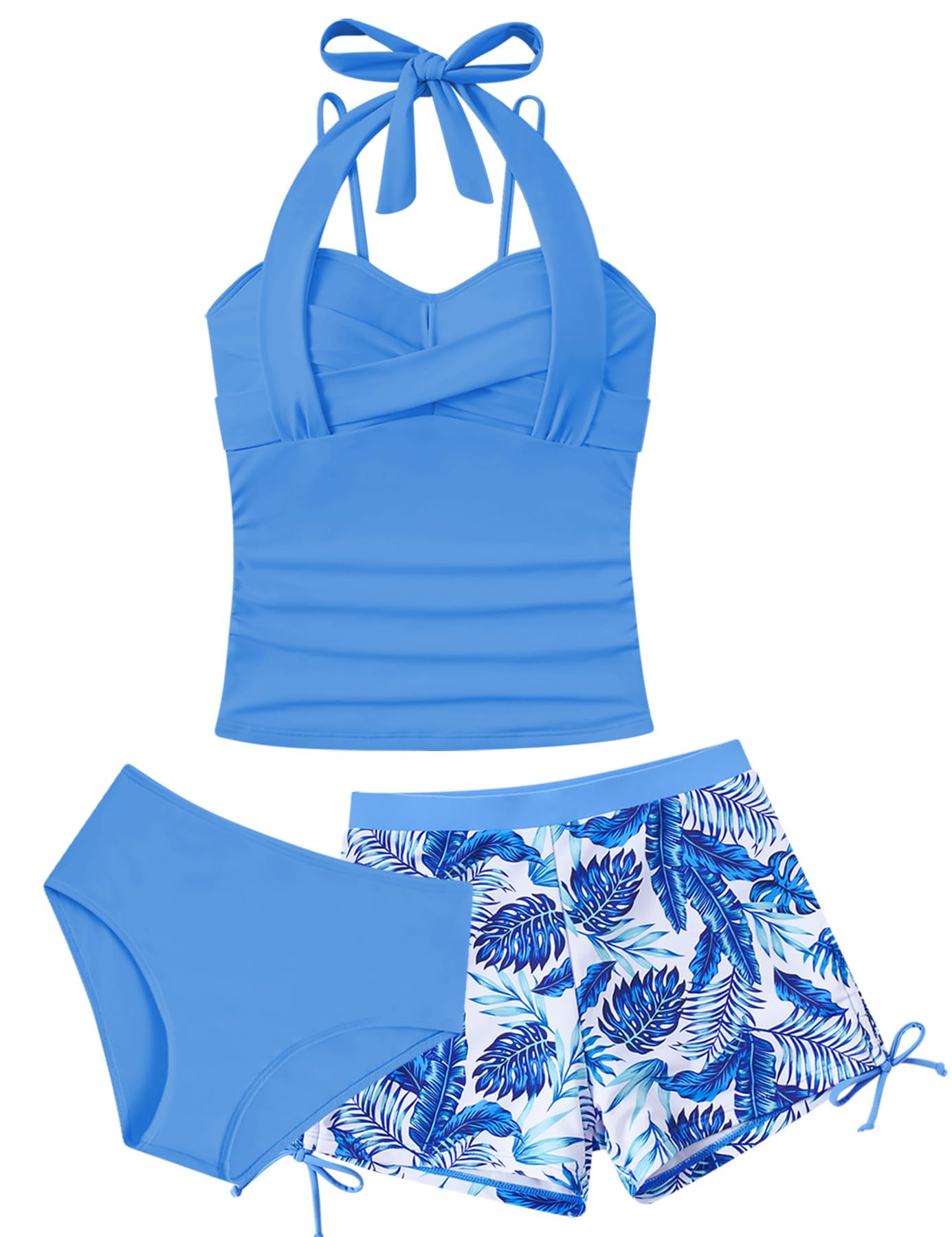 Light blue girls tankini swimsuit with matching bikini bottom and shorts