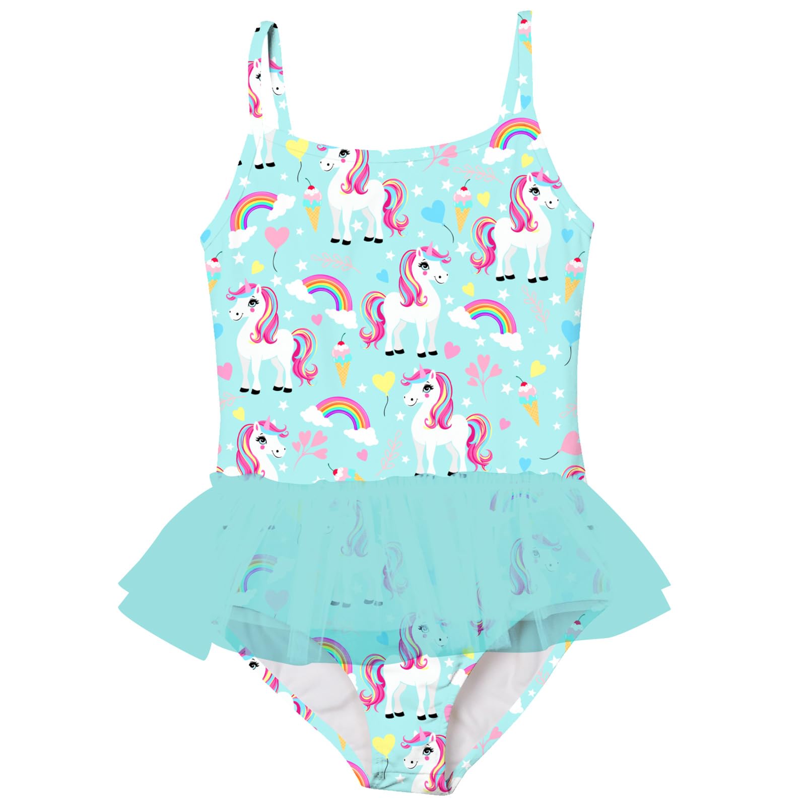 Girls blue unicorn tutu swim dress with cute printed bodice and layered mesh skirt, magical kids swimwear for pool days.