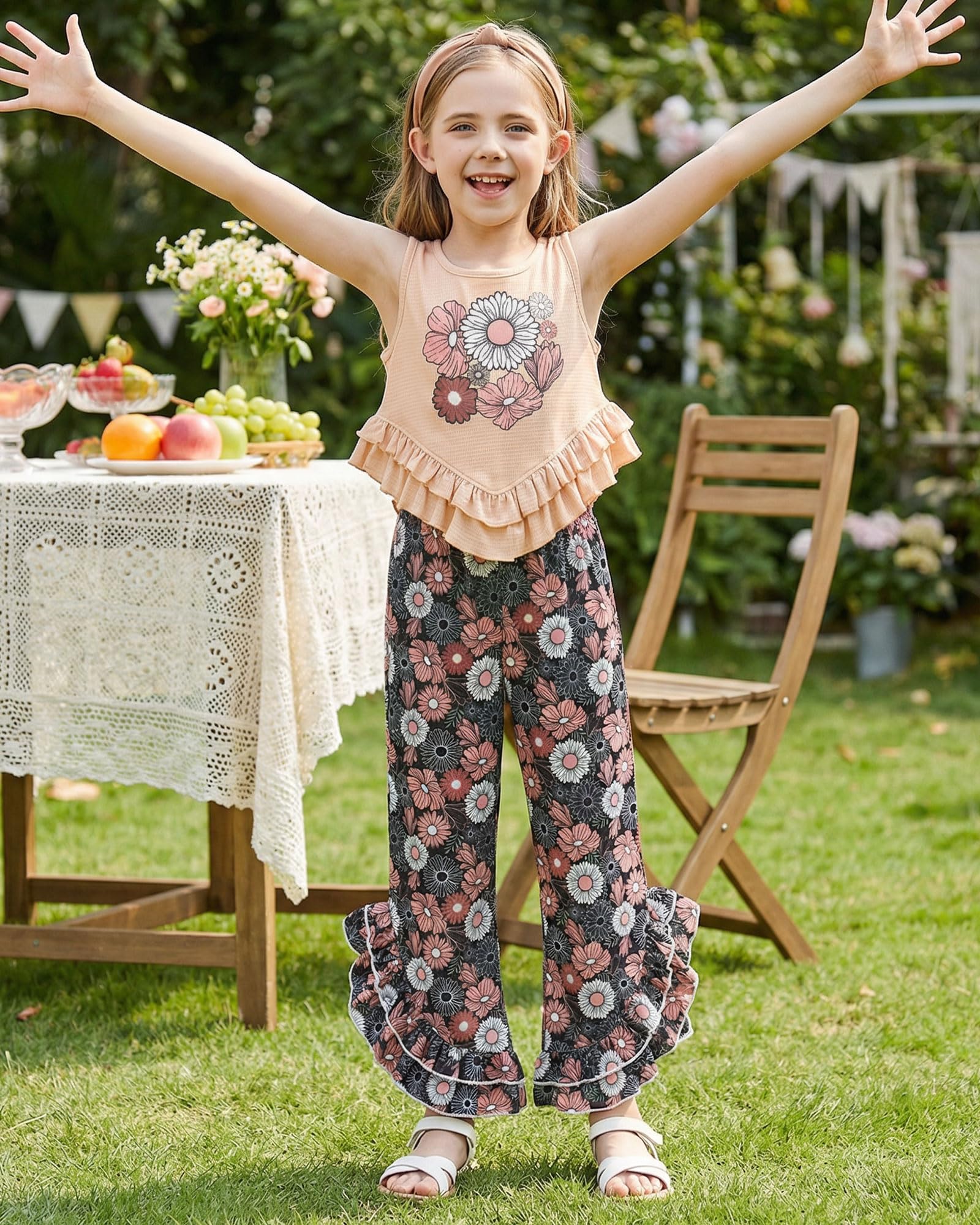 Girls casual ruffle tank top and pants set designed for comfortable daily wear and family activities.