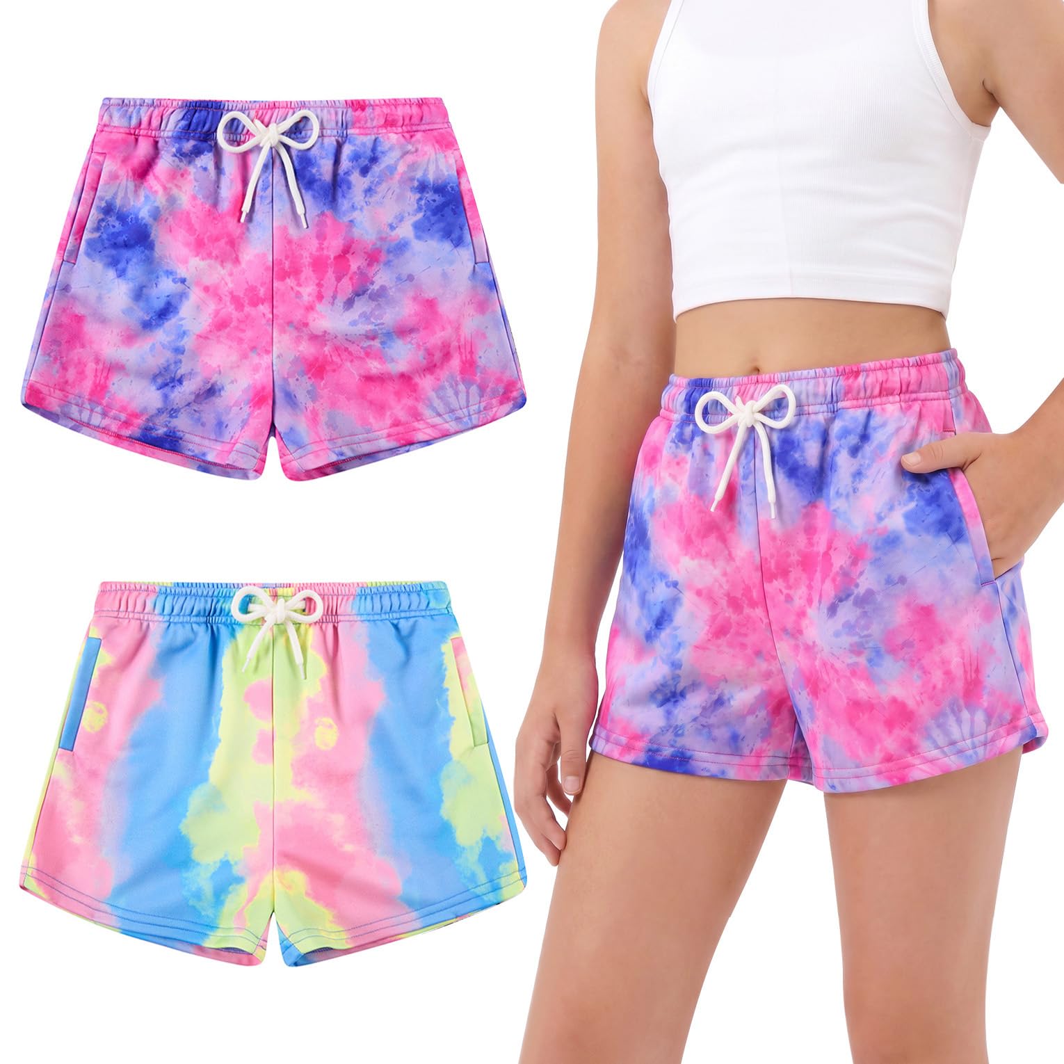 Girls colorful tie dye casual shorts with elastic drawstring waist, lightweight loose fit shorts for summer activities.