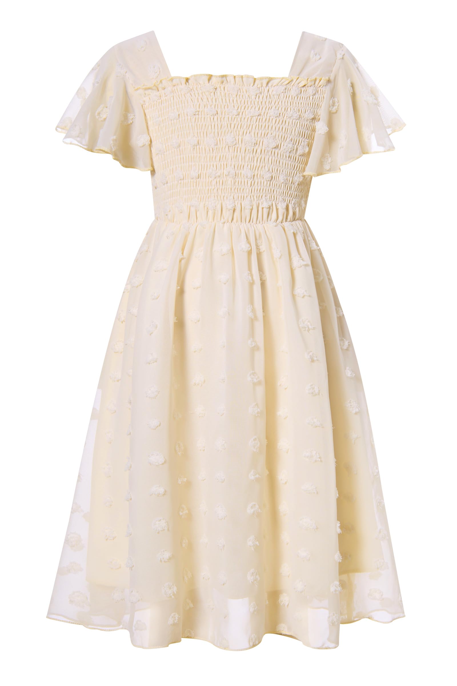 Girls cream Swiss dot chiffon party dress with soft lining and comfortable fit for special occasions.