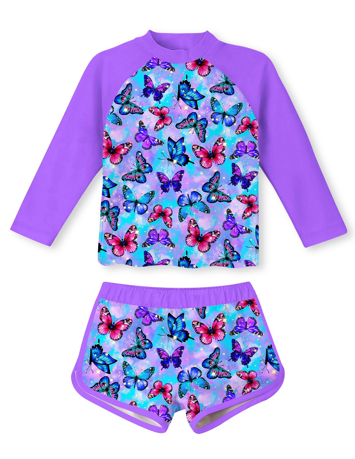 Girls deep purple butterfly rash guard swimsuit set with long sleeve top and shorts, colorful kids swimwear for summer.