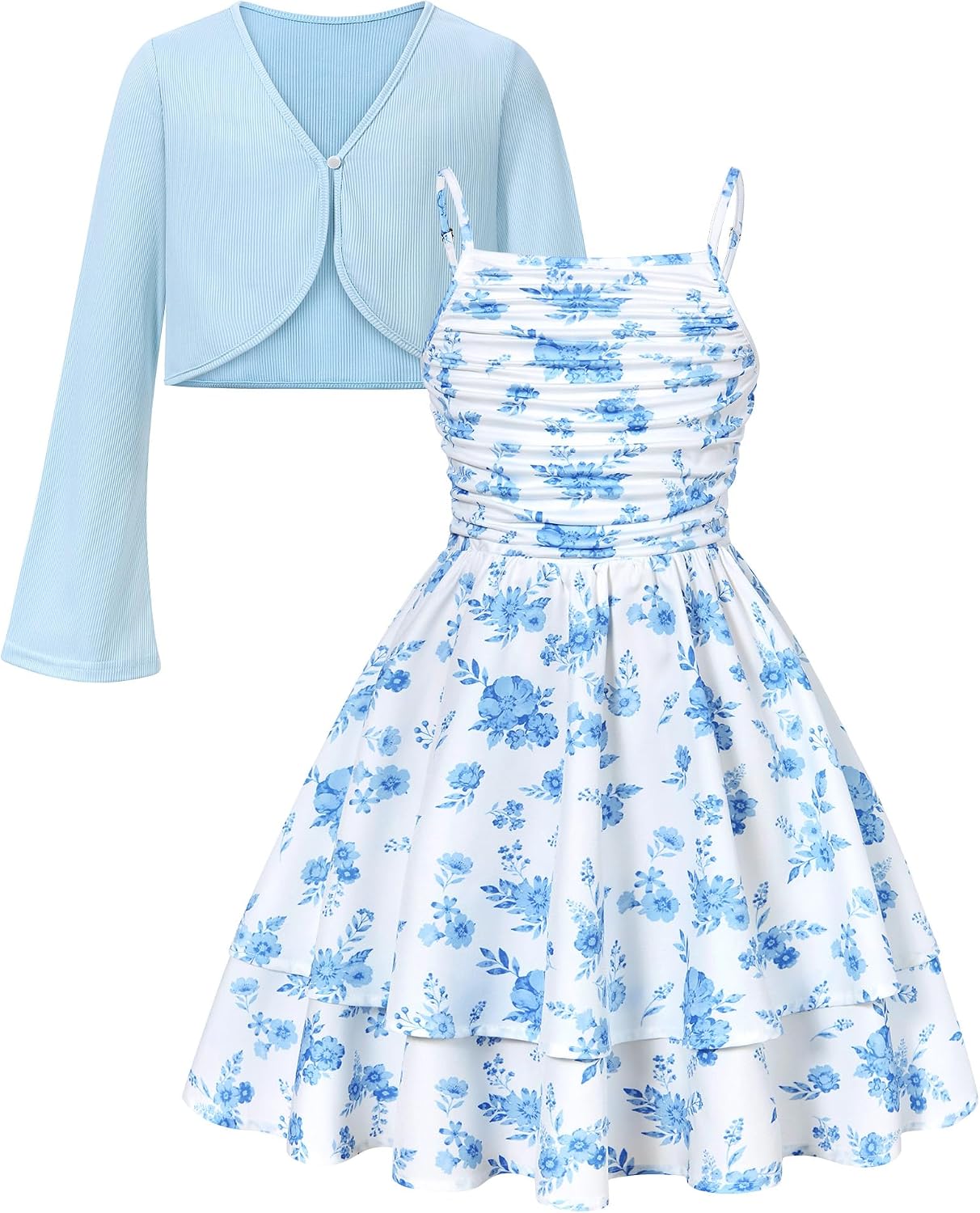 Girls floral dress with matching lightweight cardigan featuring a soft printed dress for spring and summer.