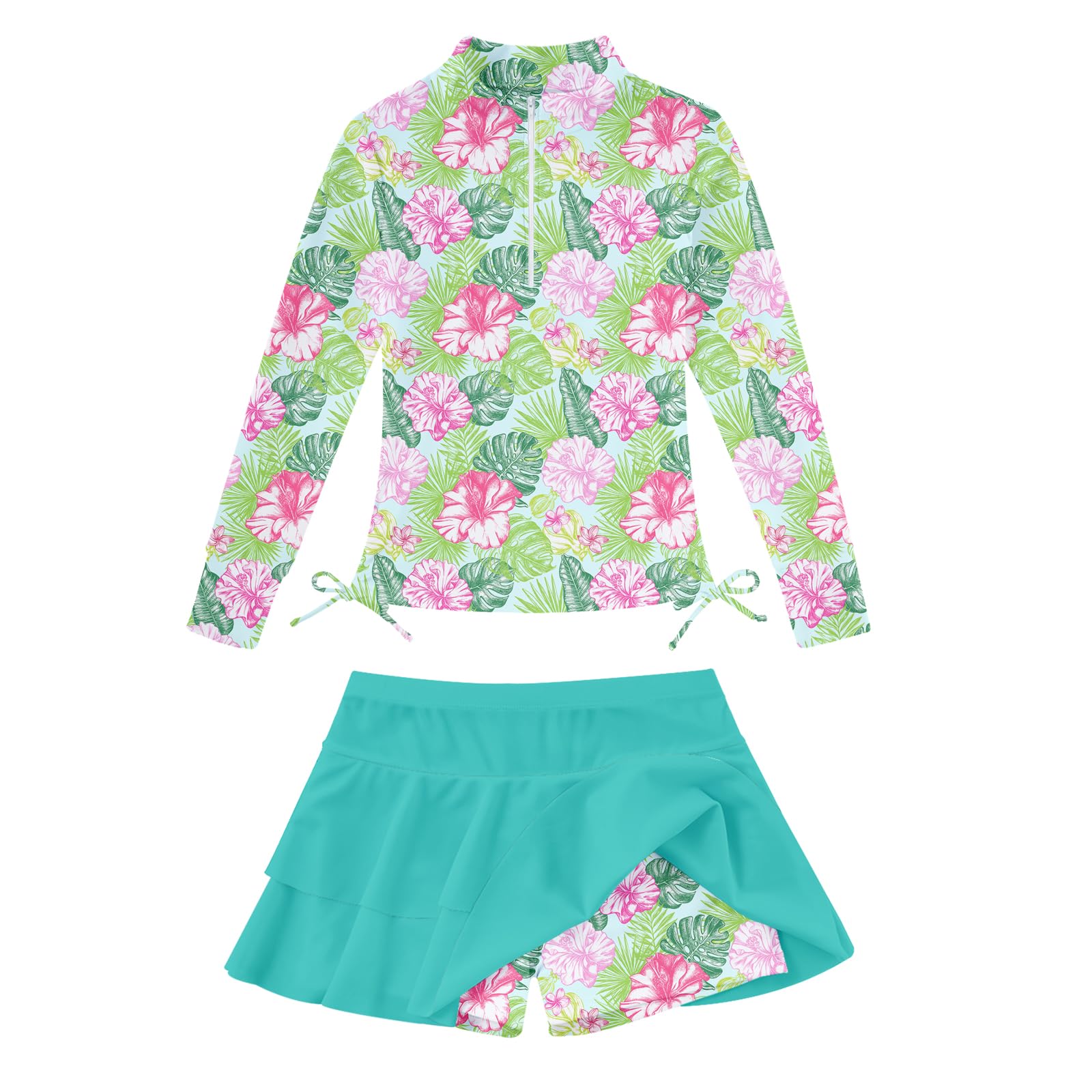 Girls green floral print rash guard swimsuit with skirt, soft stretch kids swimwear perfect for beach trips and swimming lessons.