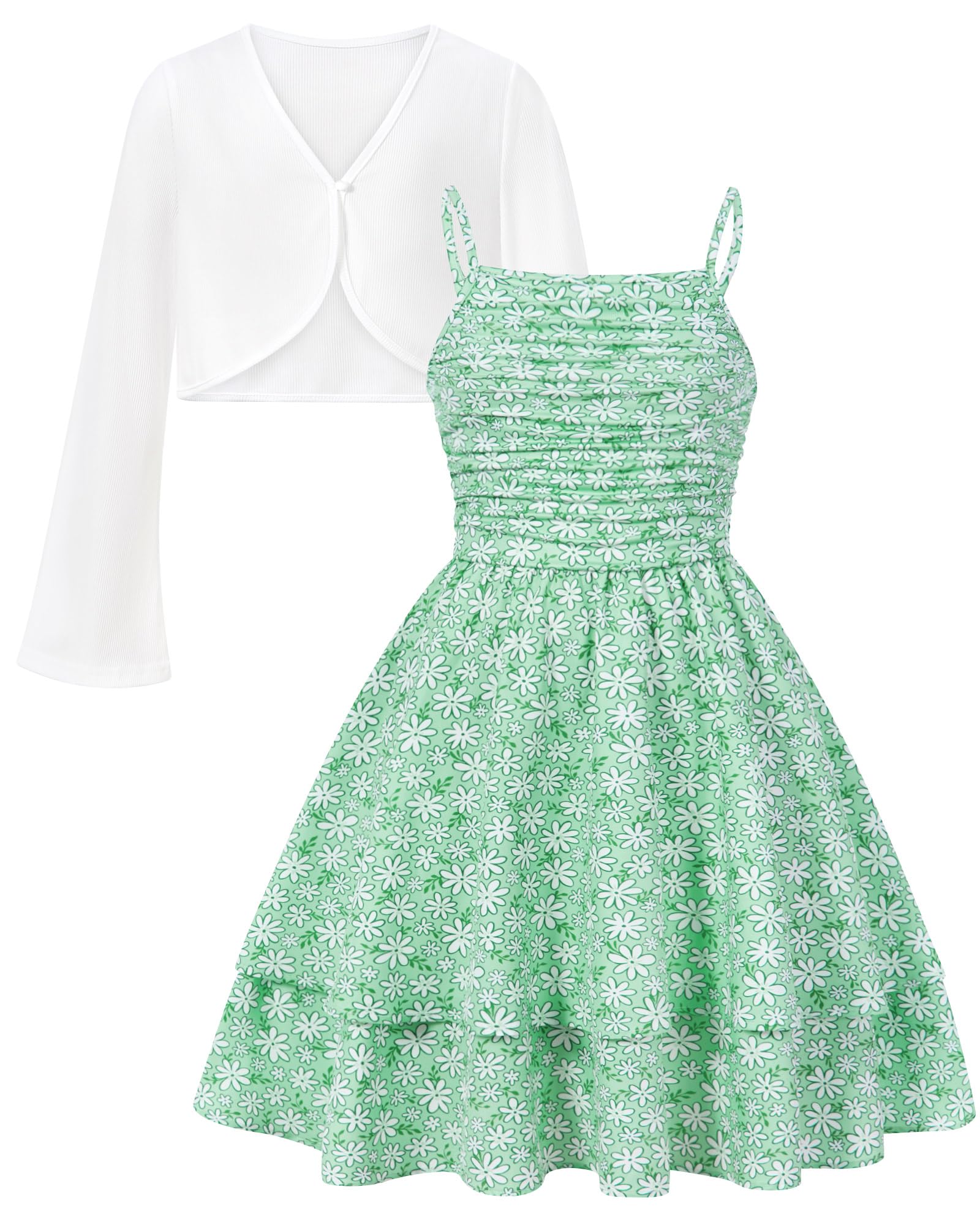 Girls Green White floral dress and matching cardigan featuring a fresh spring-inspired design.