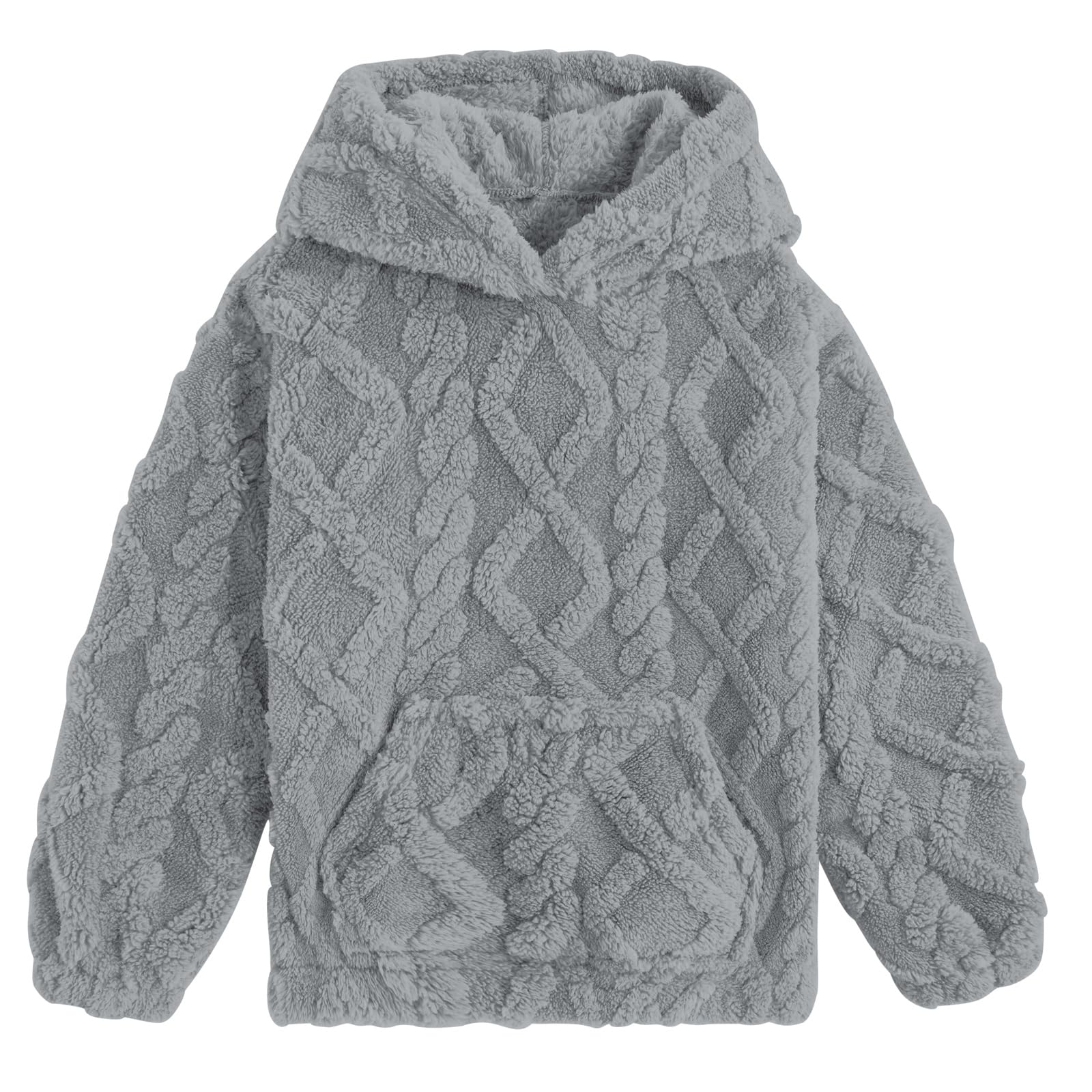Girls grey coral fleece hoodie with cozy plush fabric, hooded pullover style and kangaroo pocket for comfortable winter wear.