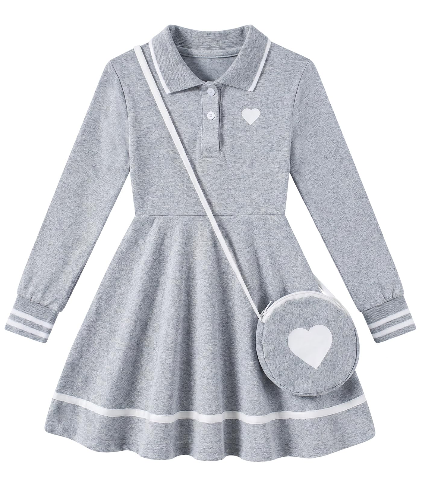 Girls grey long sleeve polo dress with classic collar design and heart shoulder bag, comfortable kids outfit for casual occasions.