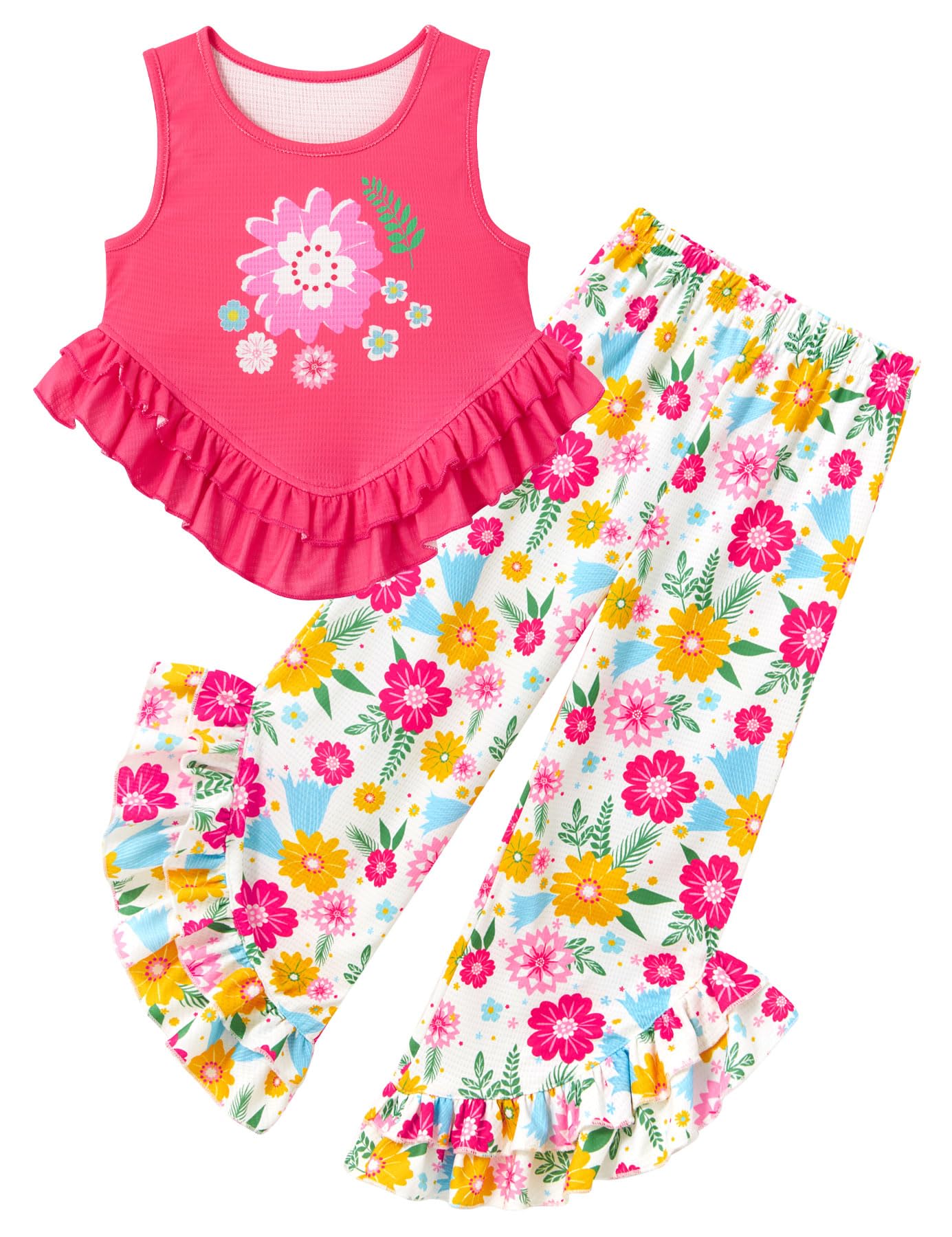 Girls hot pink floral ruffle tank top and pants set, colorful summer outfit designed for play, travel and special occasions.