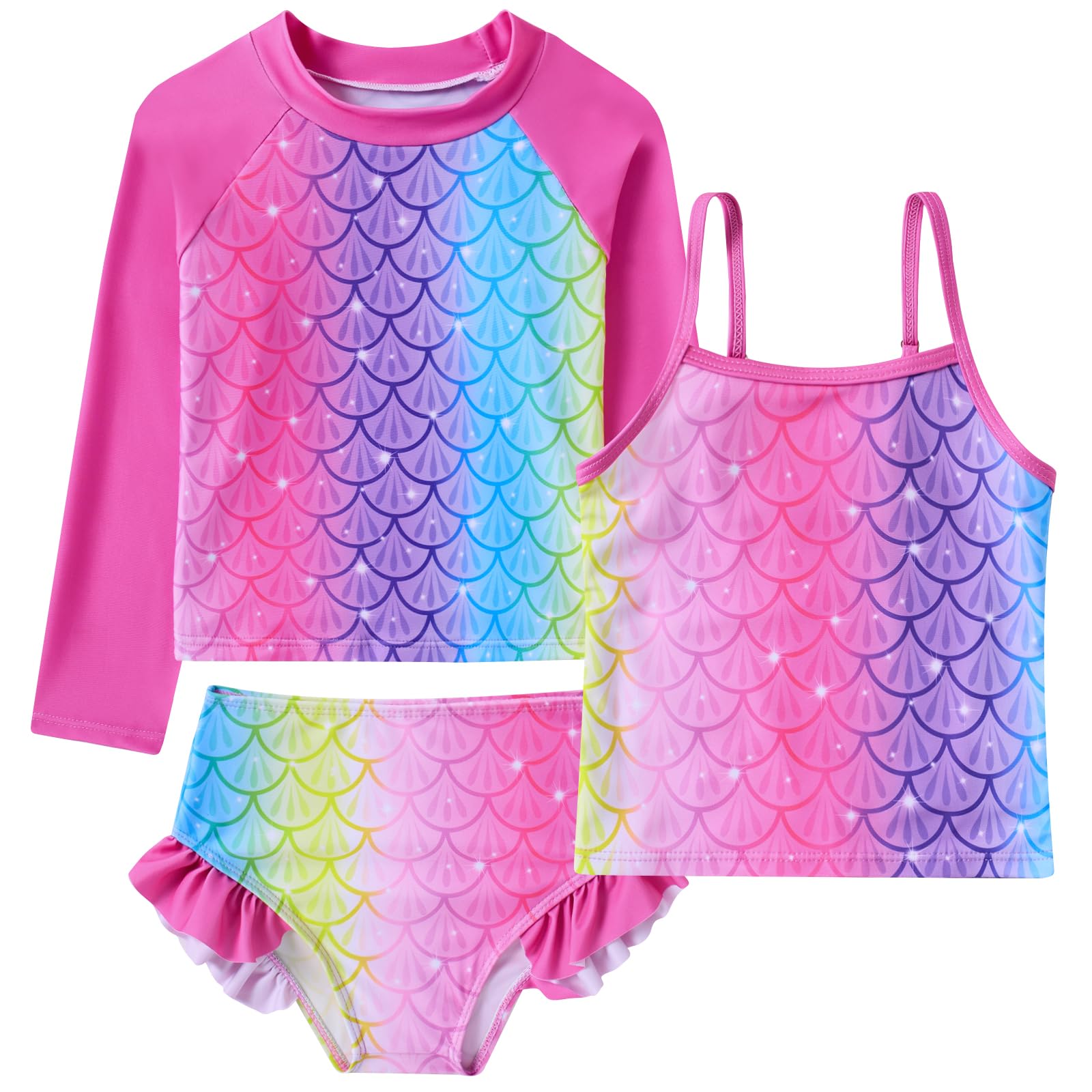 Girls hot pink mermaid swimwear set with long sleeve rash guard top and matching shorts, colorful kids beachwear.