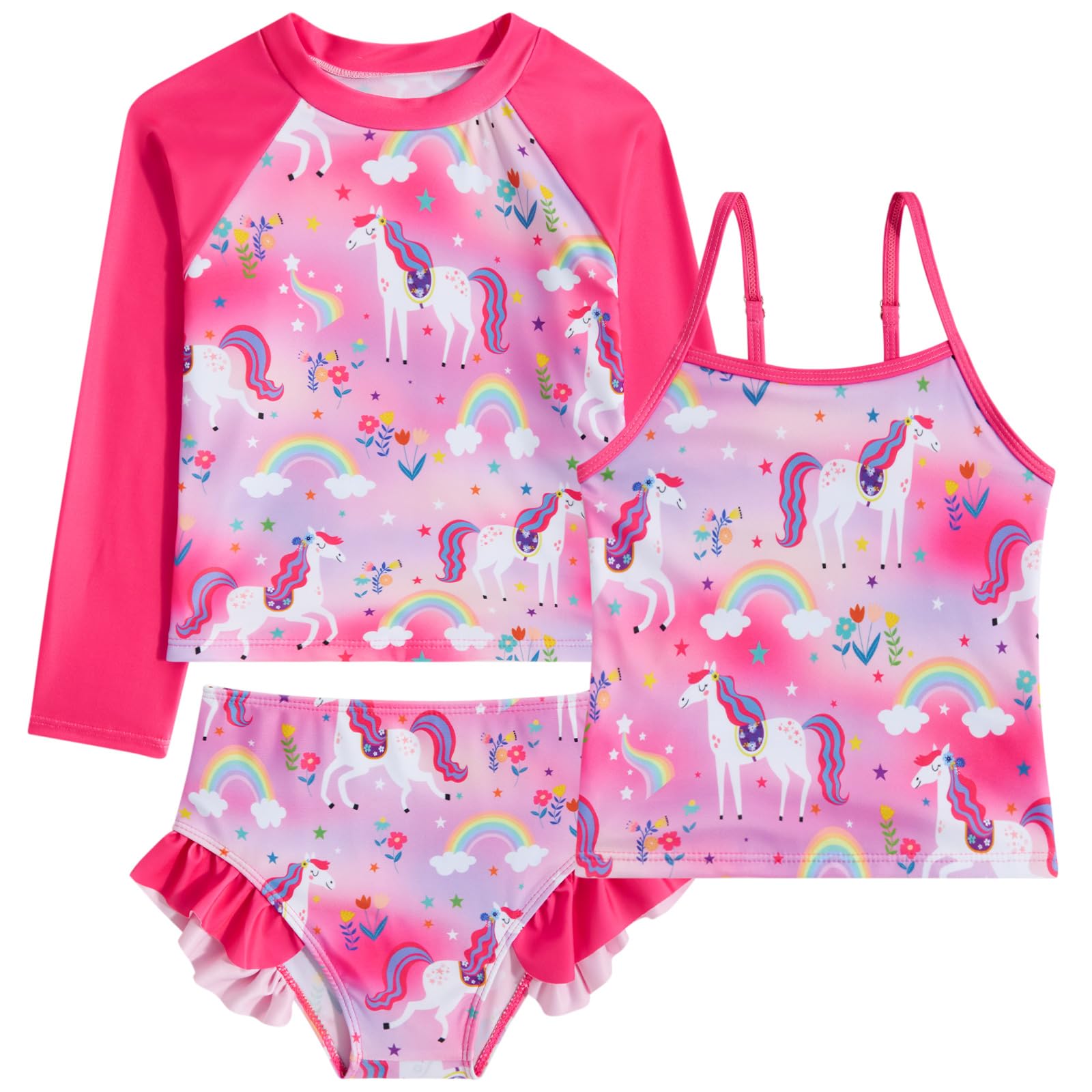 Girls hot pink unicorn swim set with rash guard top and ruffle shorts, playful fantasy inspired kids swimwear.