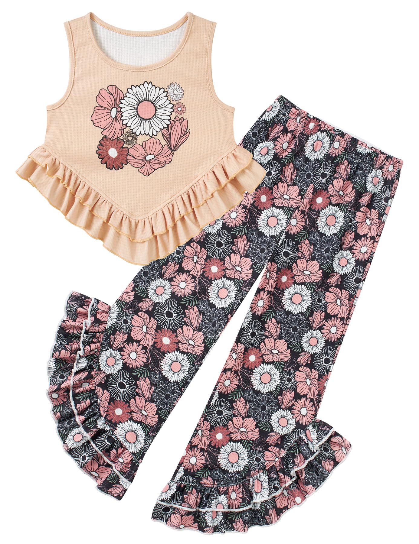 Girls khaki floral ruffle tank top and pants set with elastic waistband, cute summer outfit for vacations and everyday wear.